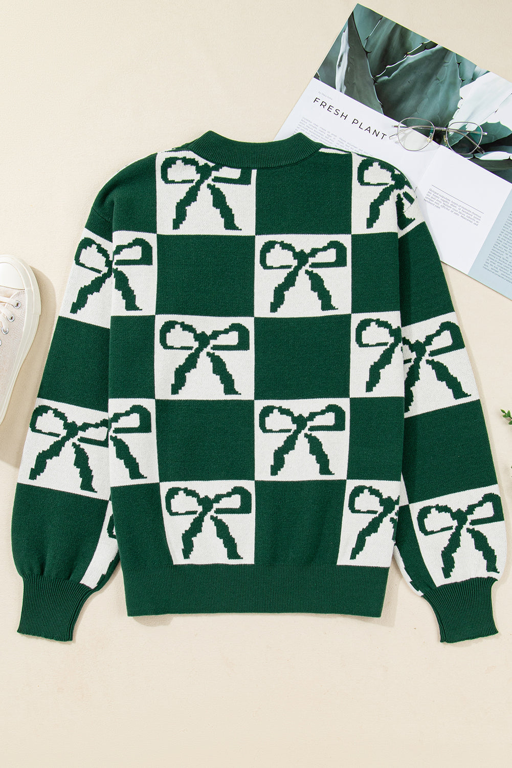 Green Checkered Bow Print Casual Sweater - eAura