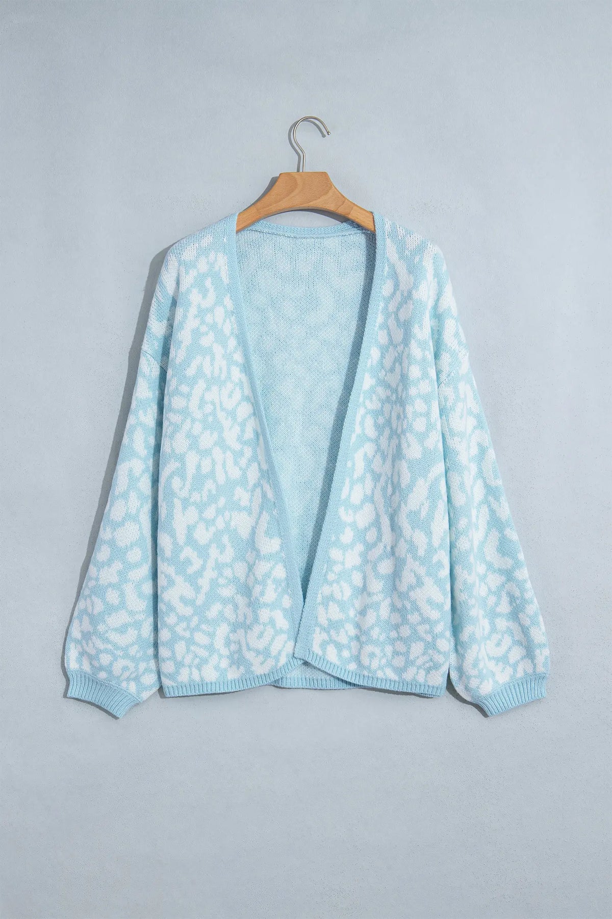 Light Blue Leopard Print V Neck Long Sleeve Loose Fit Knit Cardigan