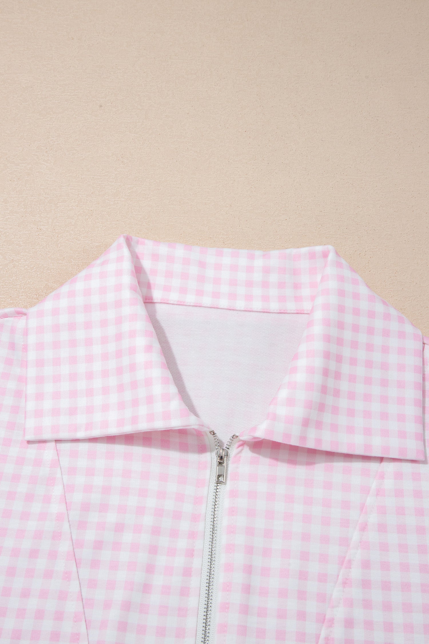 Pink Plaid Zip Neck Sleeveless Top & Elastic Waist Shorts Two Piece Set