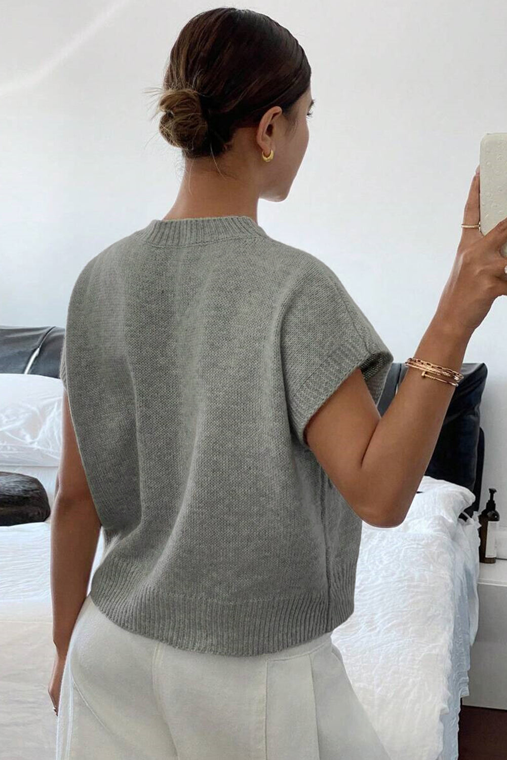 High Flower Pattern Ribbed Trim Short Sleeve Boxy Sweater eAura