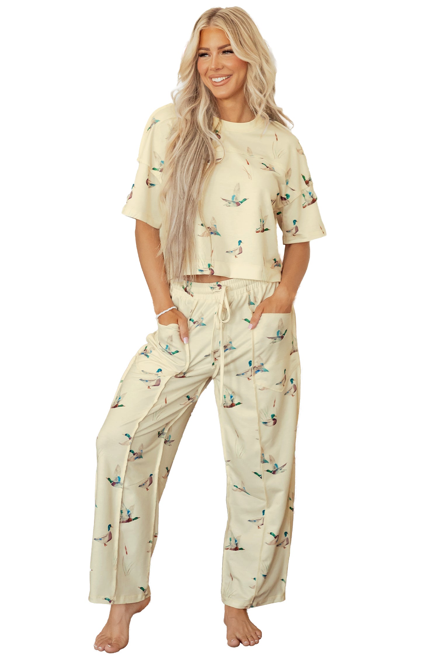 Duck Print Short Sleeve Top Pocket Pants 2pcs Casual Set – Beige