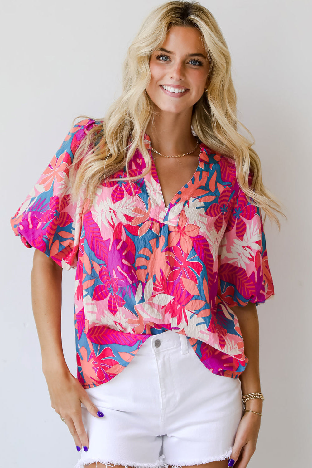 Rose Tropical Plant Printed V Neck Puff Sleeve Blouse eAura