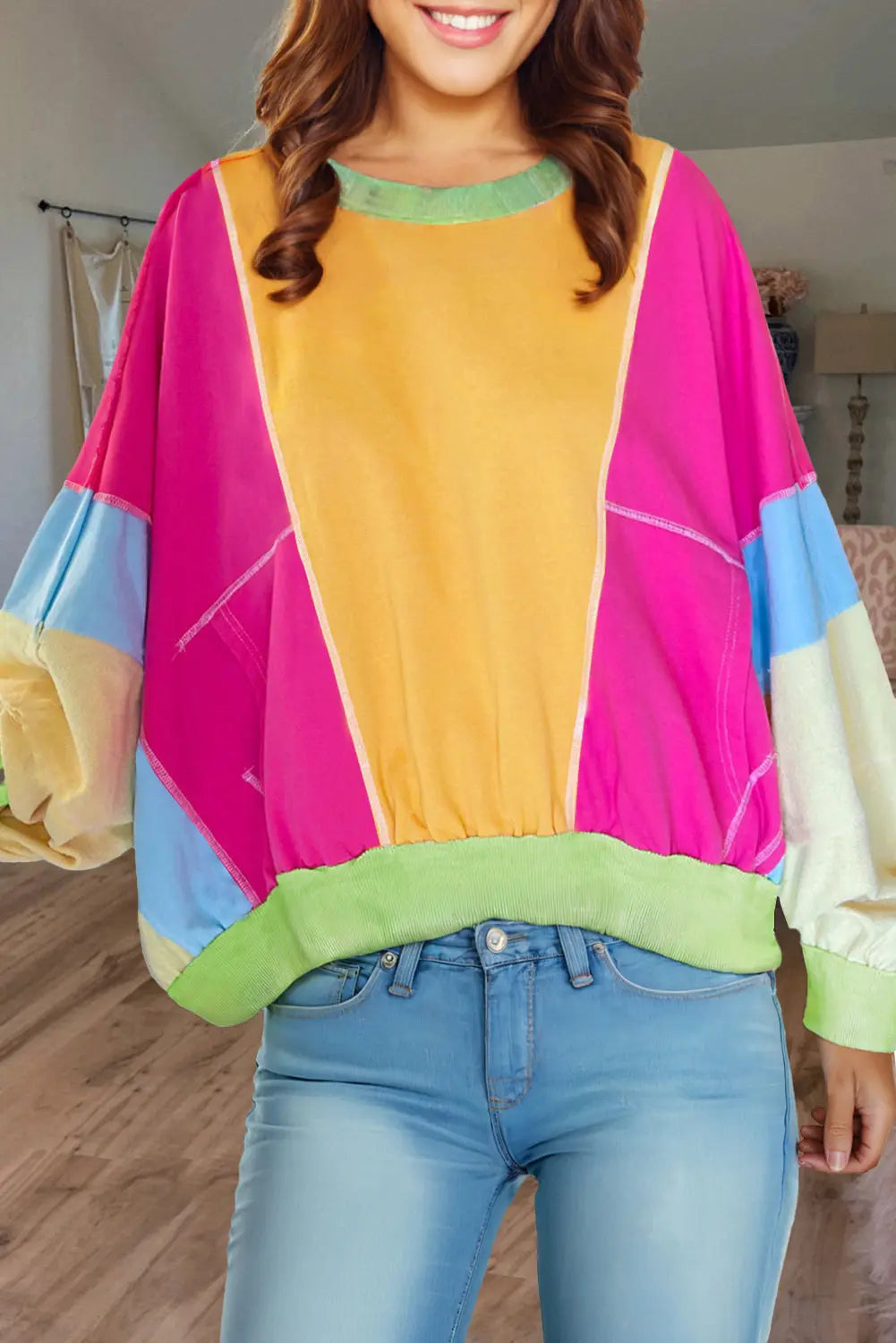 Grapefruit Orange Colourblock Patchwork Exposed Stitching Oversize Top - Sweaters & Cardigans/Sweaters