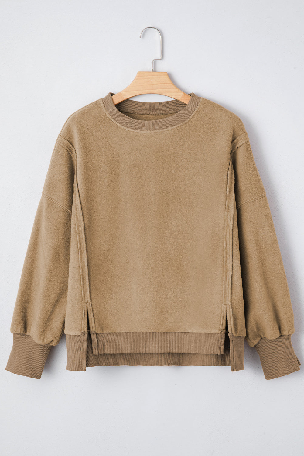 Fuzzy Sherpa Splicing Pullover Sweatshirt with Side Slit - eAura