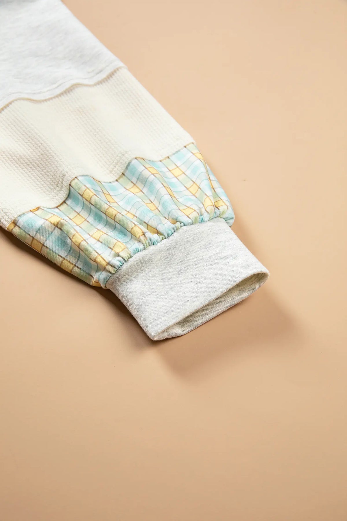 Plaid Patchwork Round Neck Long Sleeve Top – Light Blue