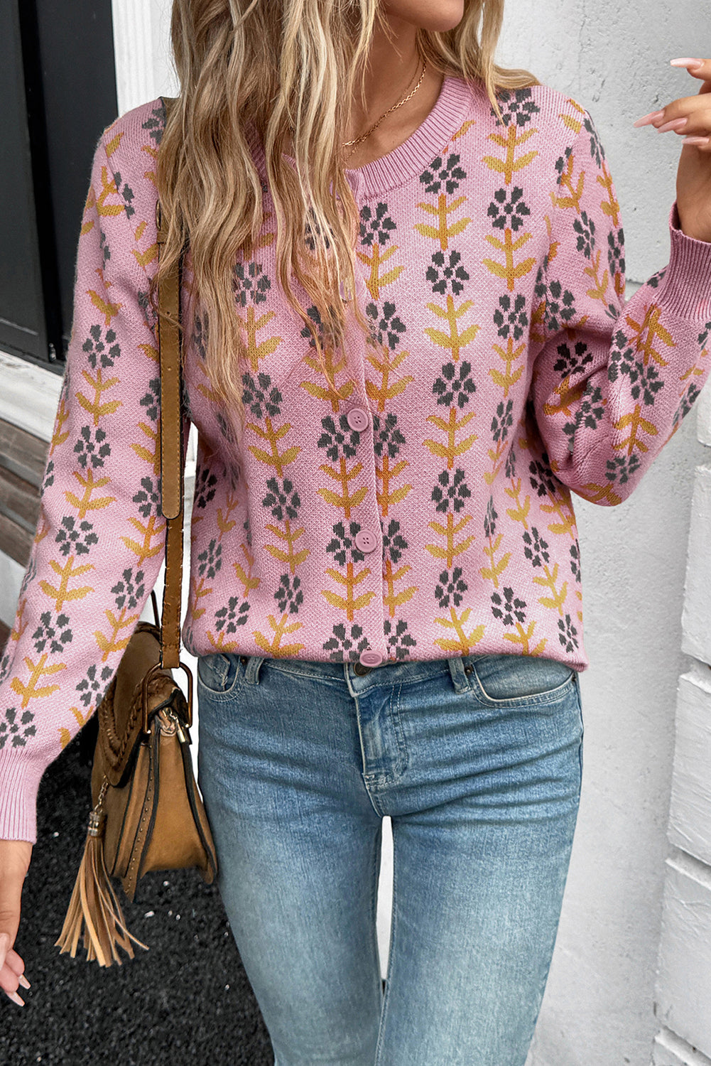 Pink Floral Button Down Ribbed Banded Cardigan Sweater Dear-Lover Dropshipping
