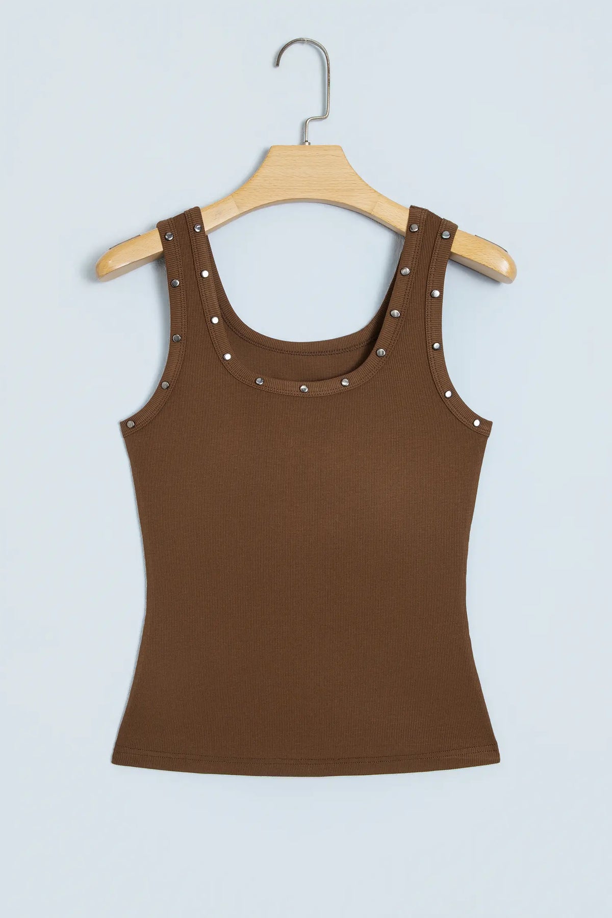 Dark Brown Studded Scoop Neck Ribbed Tank Top