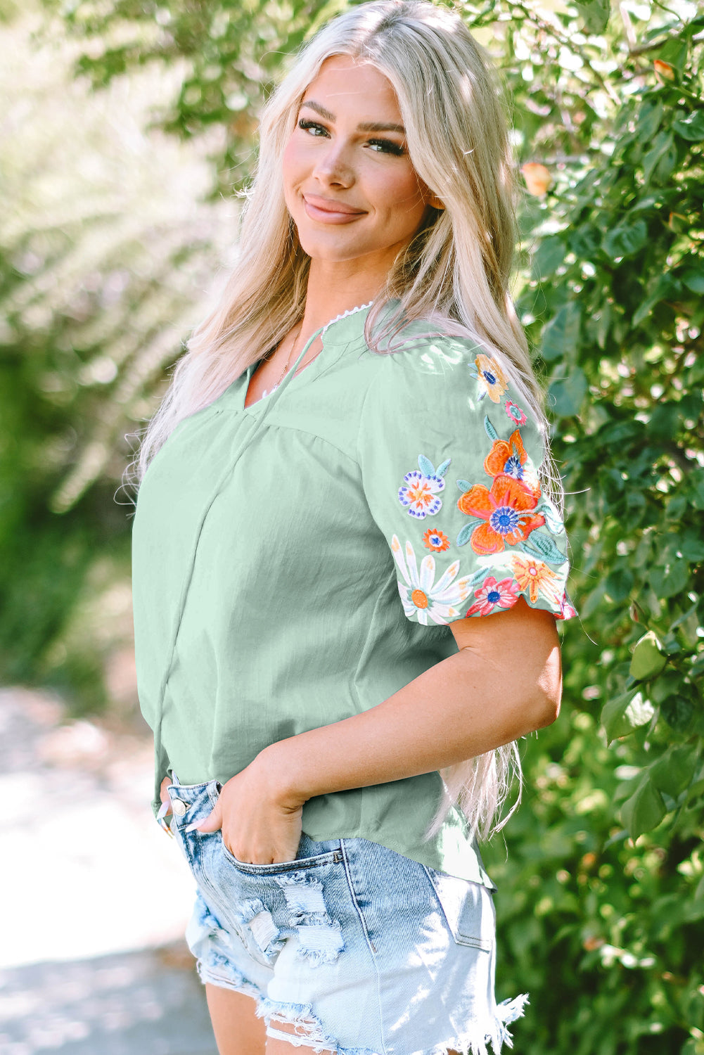 Floral Embroidered Puff Sleeve Split Neck Blouse eAura