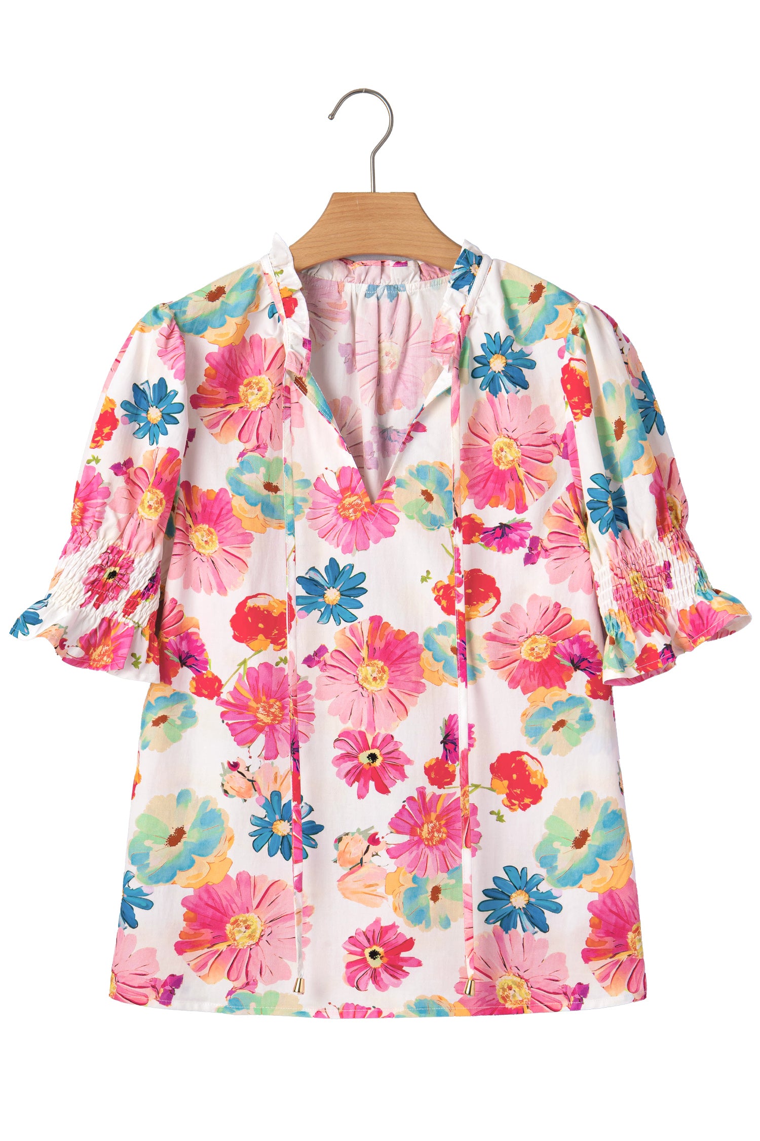 Vibrant Summer Floral Tie V-Neck Short Puff Sleeve Blouse