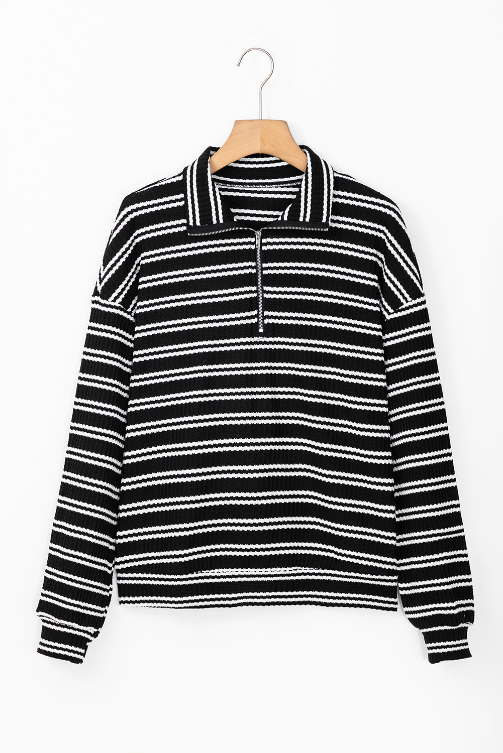 Black Stripe Textured Quarter Zip Collar Long Sleeve Top Beagle Boutique Fashion Outlet