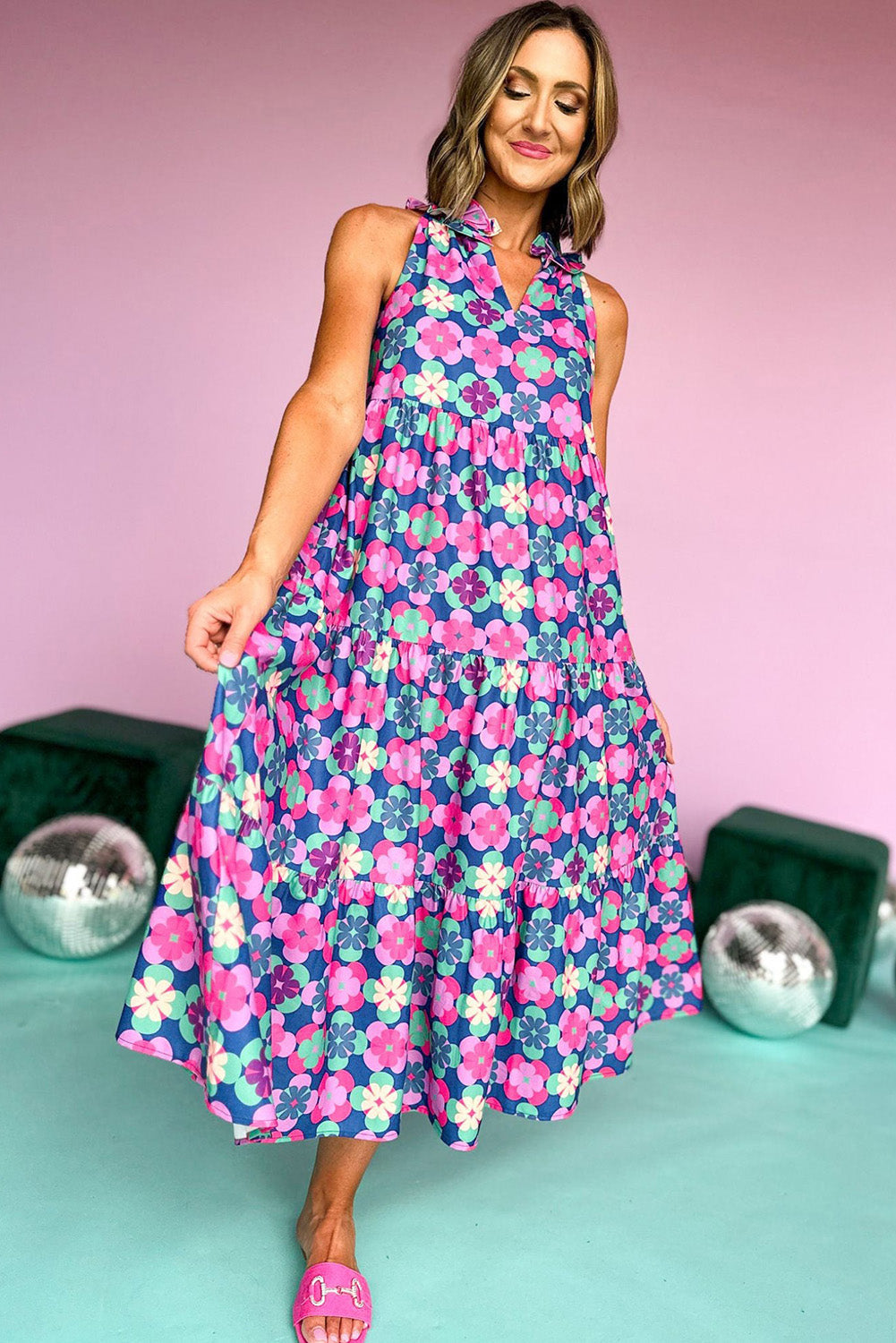 Sky Blue Floral Print Frilly Neck Sleeveless Tiered Maxi Dress eAura