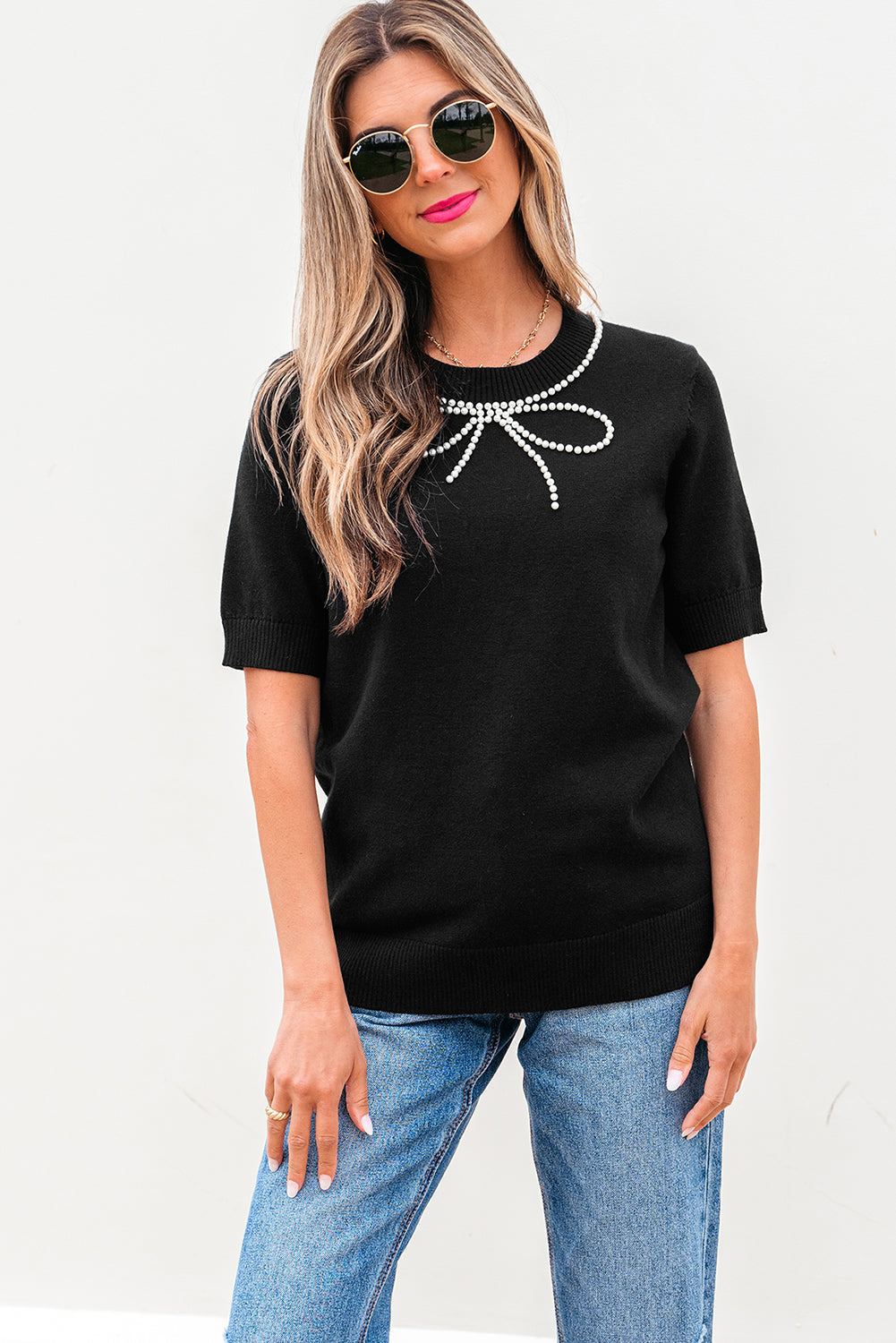 Black Pearl Bow Necklace Embellished Short Sleeve Knitted T Shirt eAura