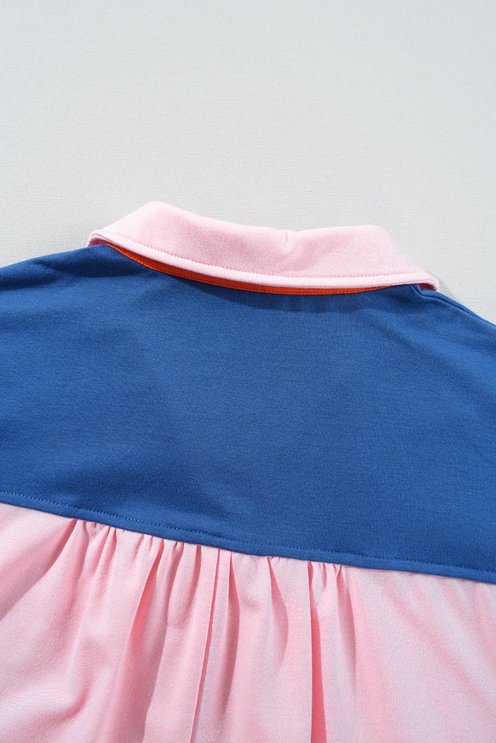 Gossamer Pink Colour Block Half Buttoned Ruffled Short Sleeve T Shirt eAura