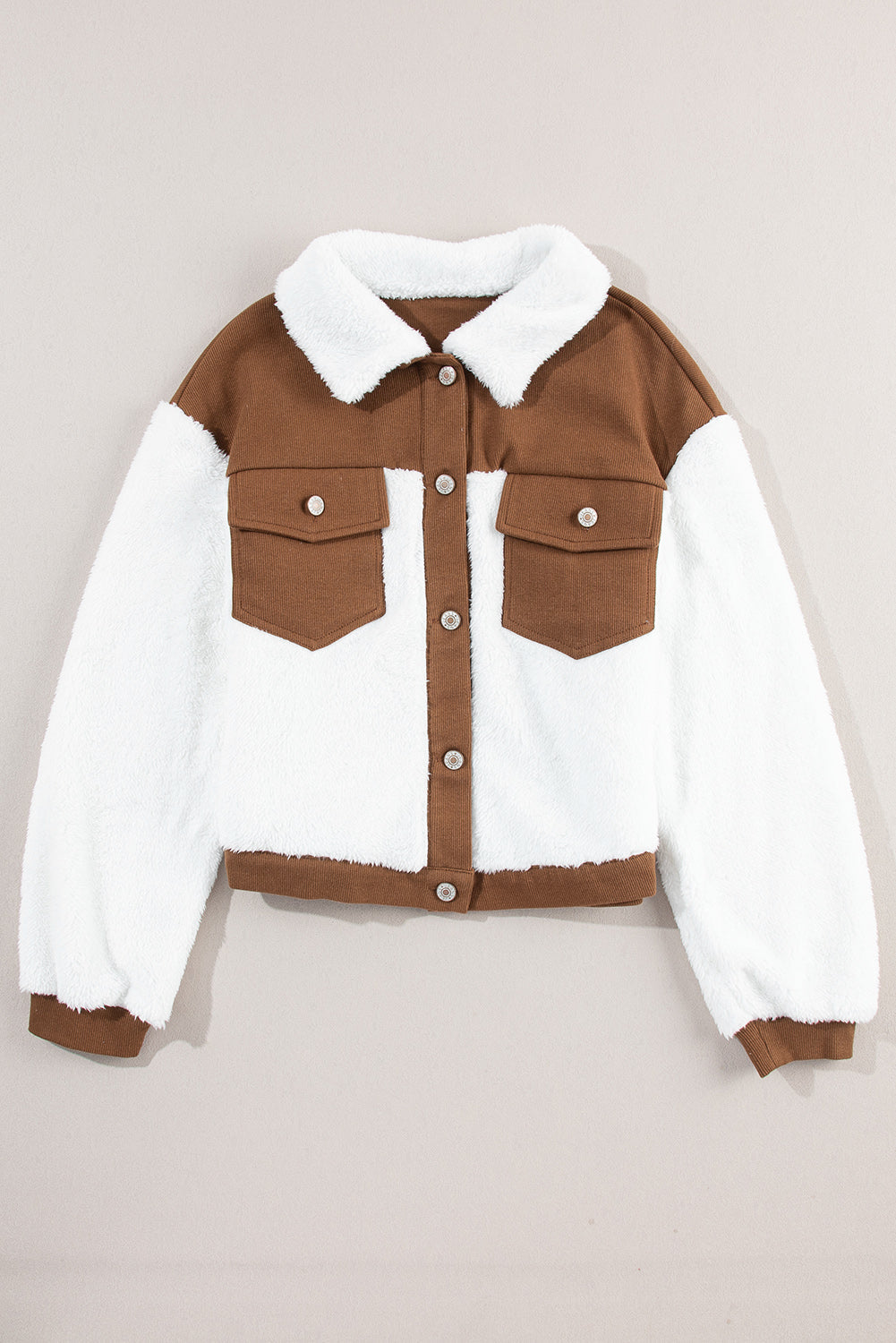 Chestnut Corduroy Color Block Contrast Patchwork Fuzzy Jacket BB Fashion Outlet