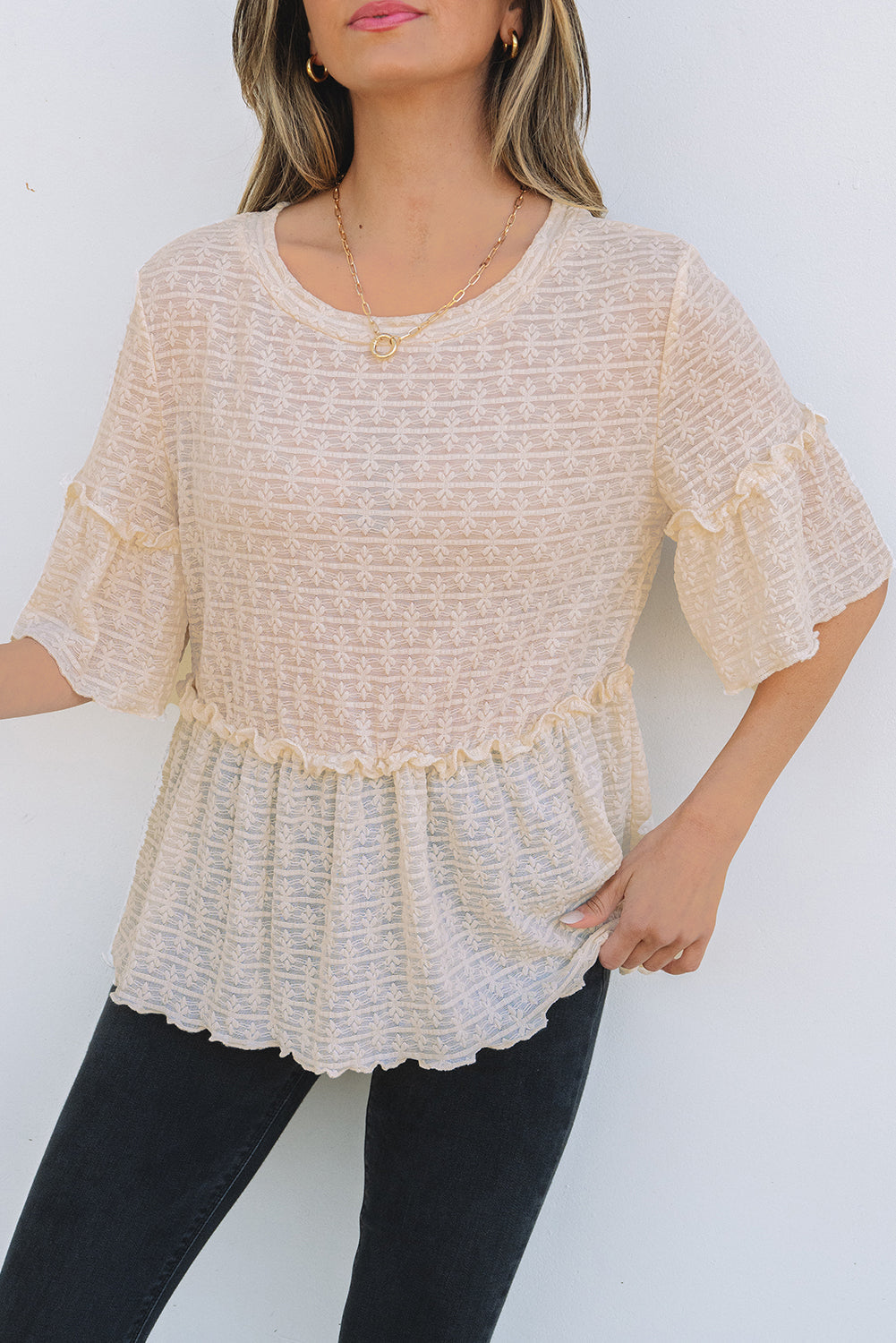 Beige Solid Colour Textured Ruffled Short Sleeve Blouse eAura