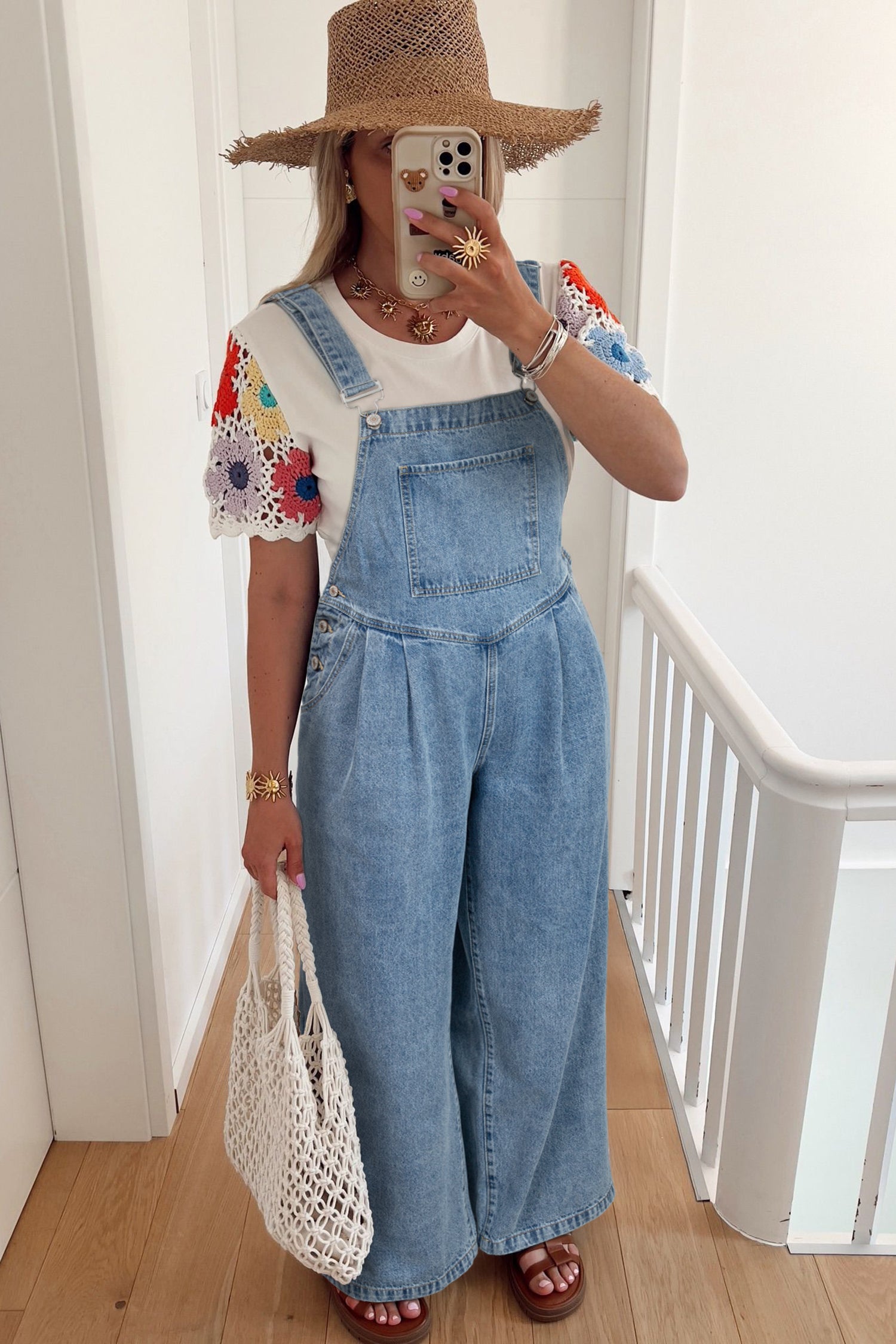 Blue Pleated Wide Leg Retro Pocketed Denim Dungarees Jumpsuit