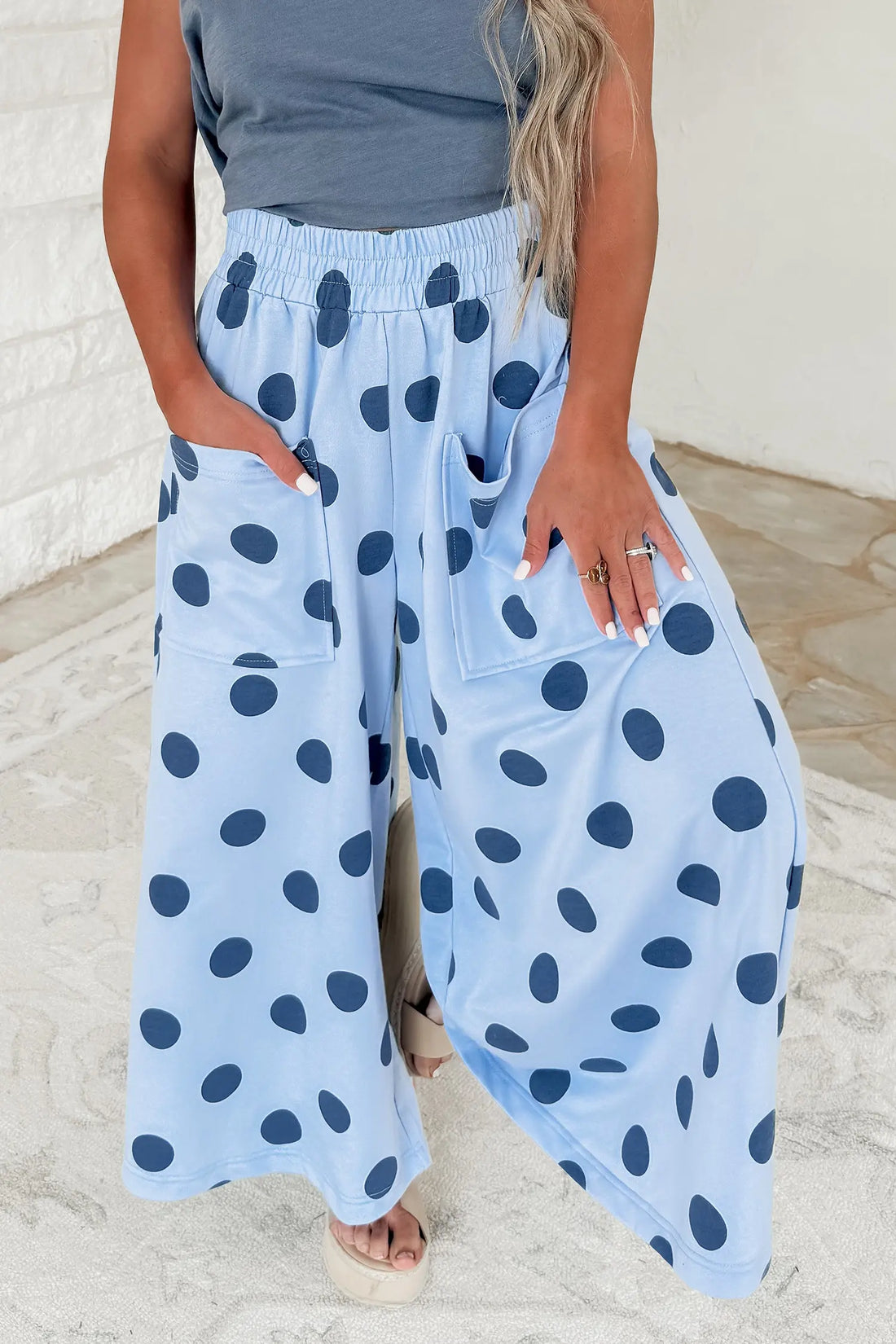 Sky Blue Polka Dot Wide Leg Elastic Waist Casual Pants – Light Blue