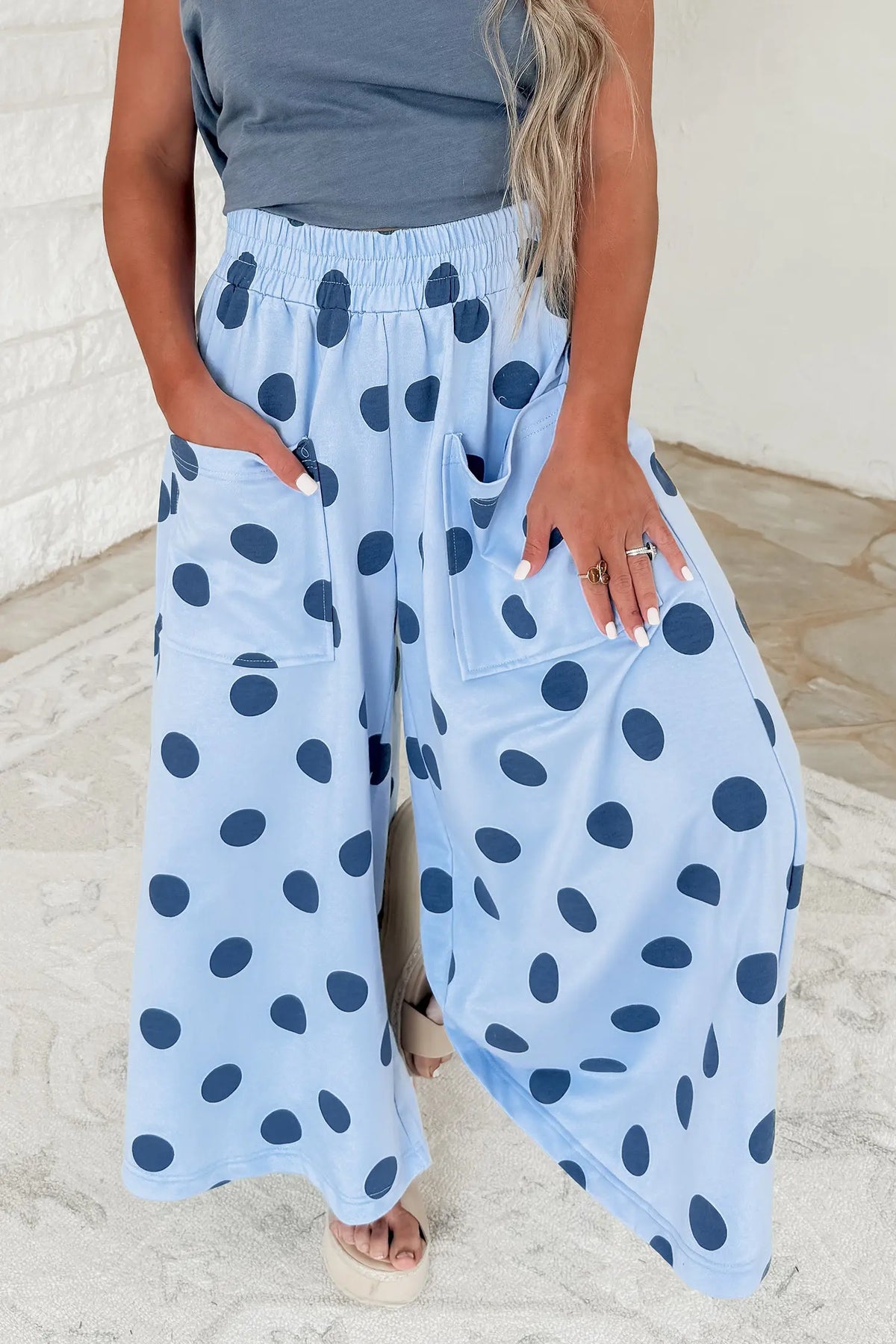 Sky Blue Polka Dot Wide Leg Elastic Waist Casual Pants – Light Blue