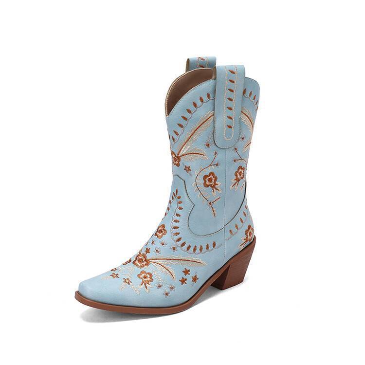 Chunky Heel Embroidery Knee-high Cowboy Boots - eAura