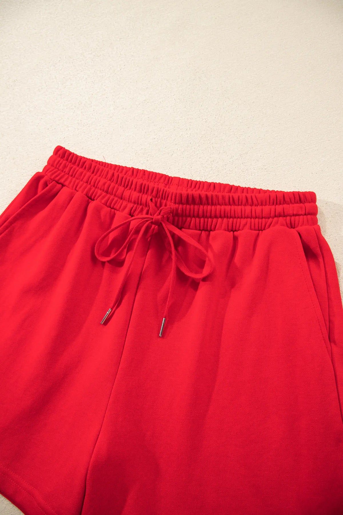 Plaid Patchwork Long Sleeve Top Solid Drawstring Shorts Set – Red