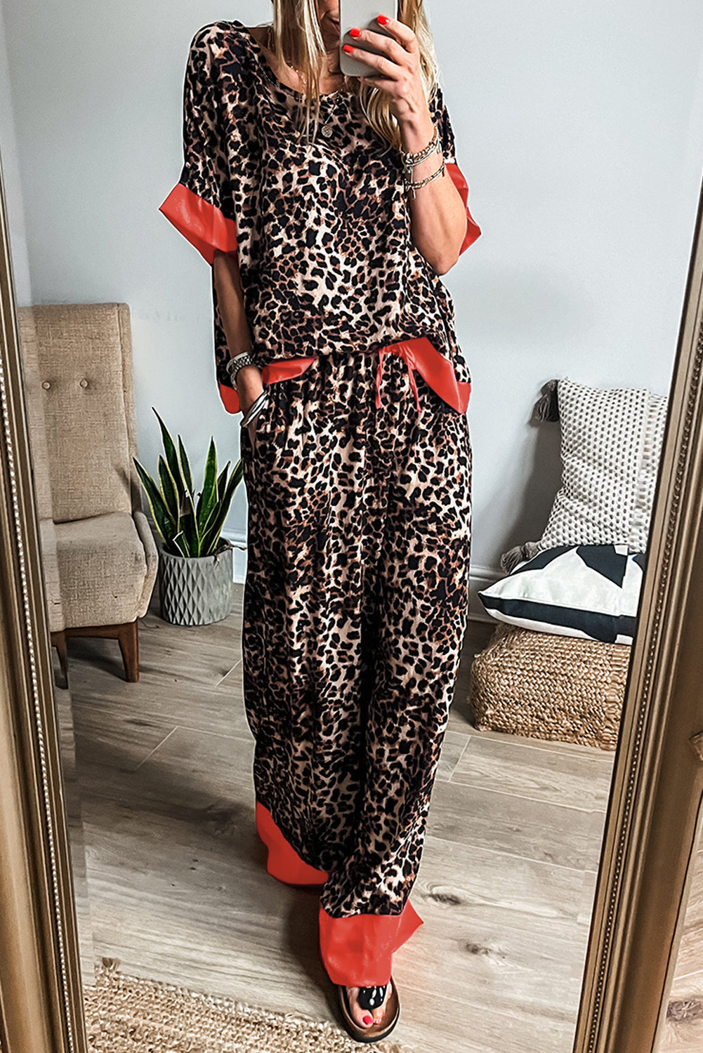 Brown Animal Print Colour Contrast Edge Loose Fit Trousers Set eAura