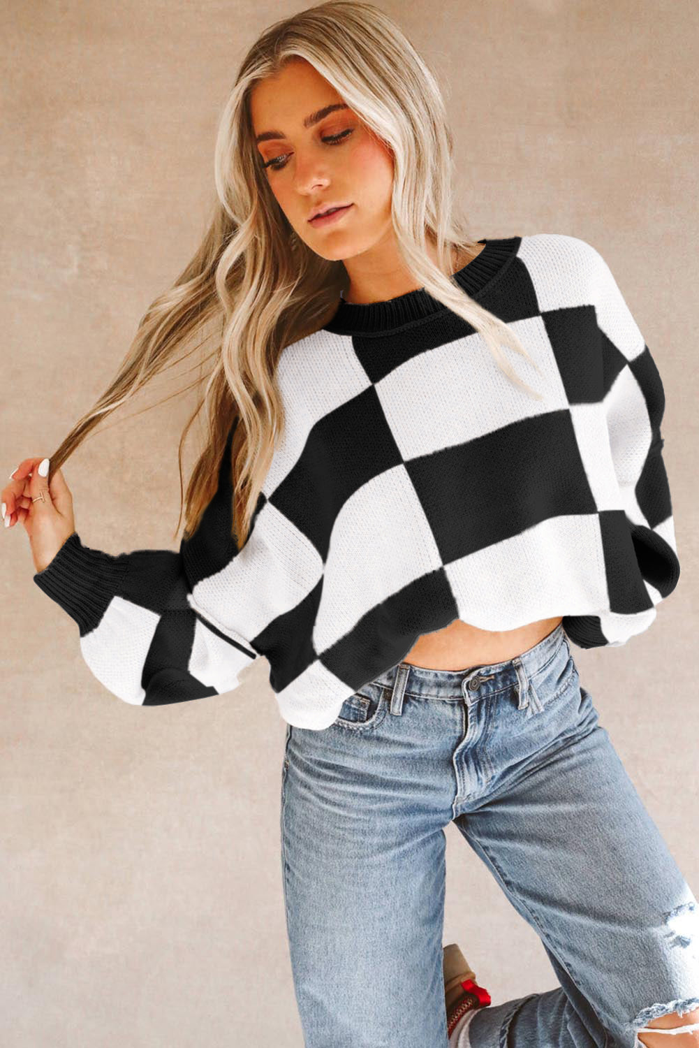 Checkered Bishop Sleeve Sweater – Rose, Pink, Green, Brown, Red & Black