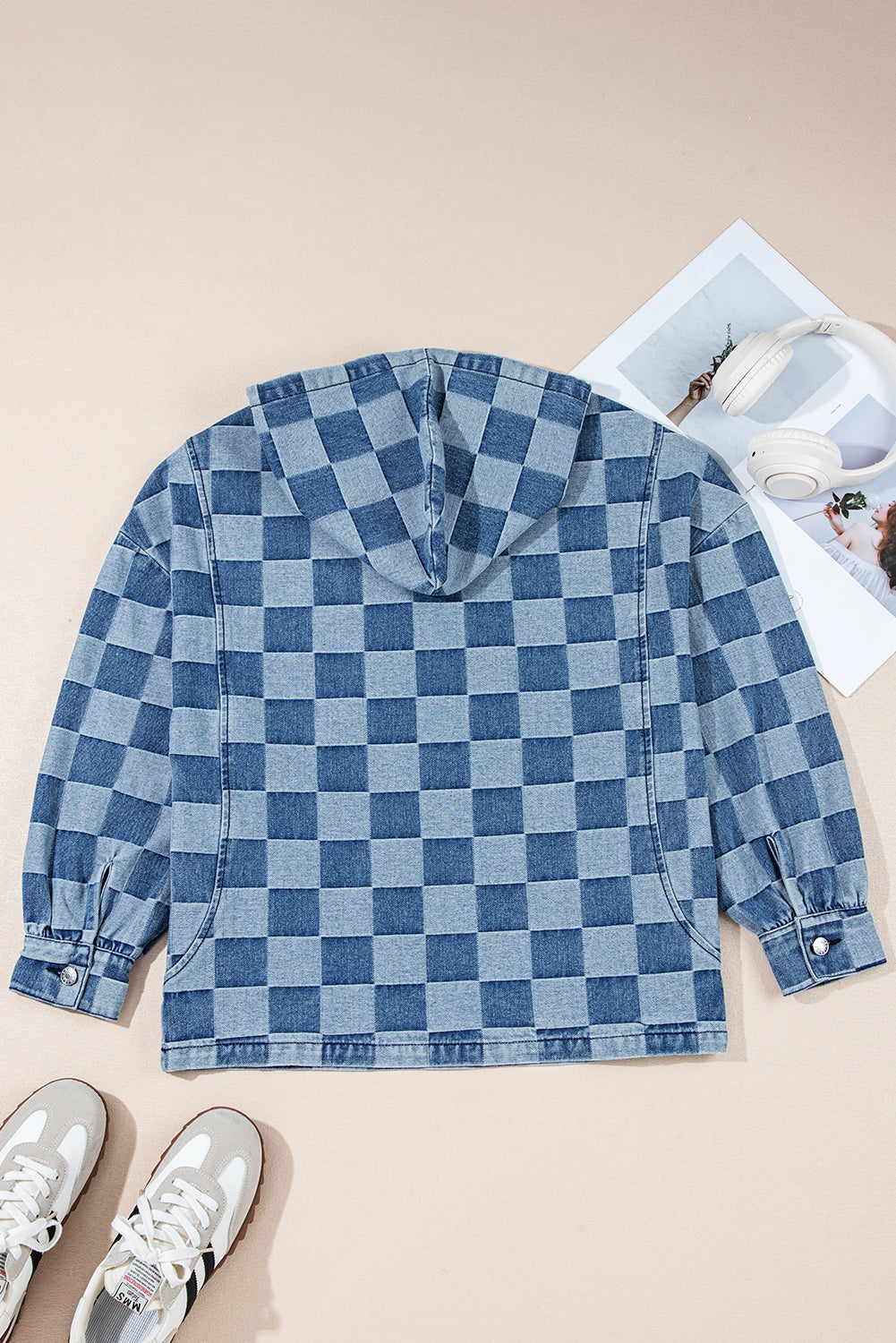 Checkerboard Zip Neck Kangaroo Pocket Denim Hoodie - eAura