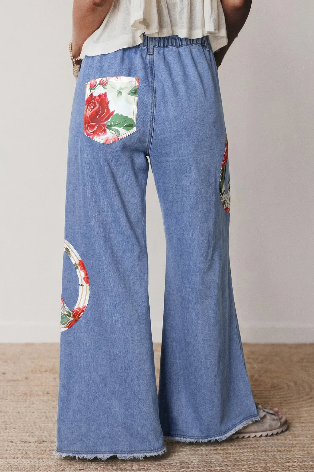 Floral Peace Sign Embroidered Patch Wide Leg Jeans