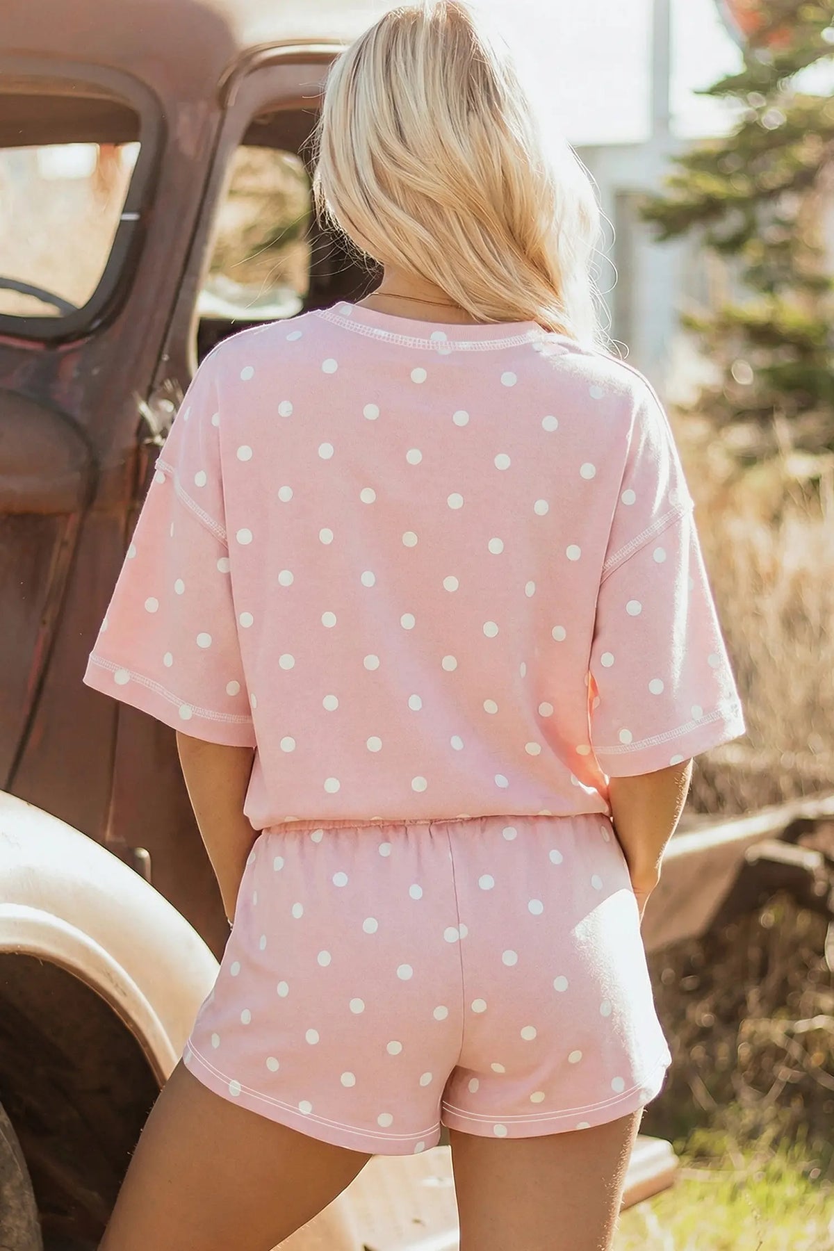 Polka Dot Short Sleeve Loose Top Drawstring Shorts Set – Pink