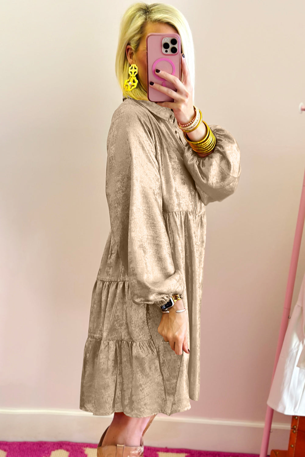 Peach Blossom Metallic Sheen Puff Sleeve Button Up Mini Shirt Dress eAura