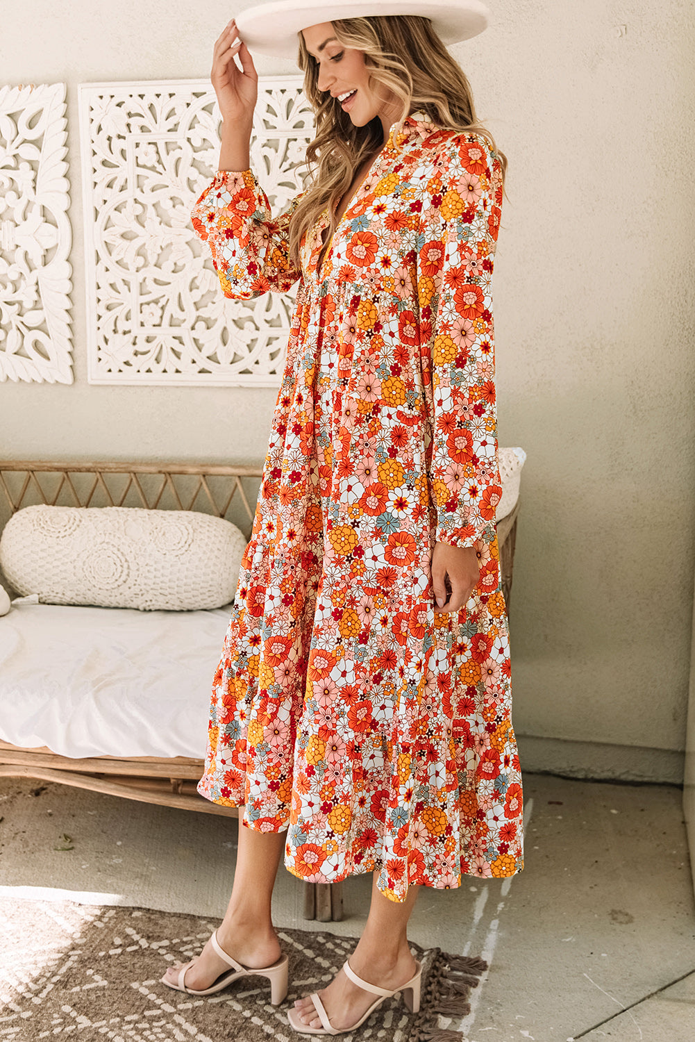 MultiColour Boho Floral Collared Long Sleeve Ruffled Dress eAura