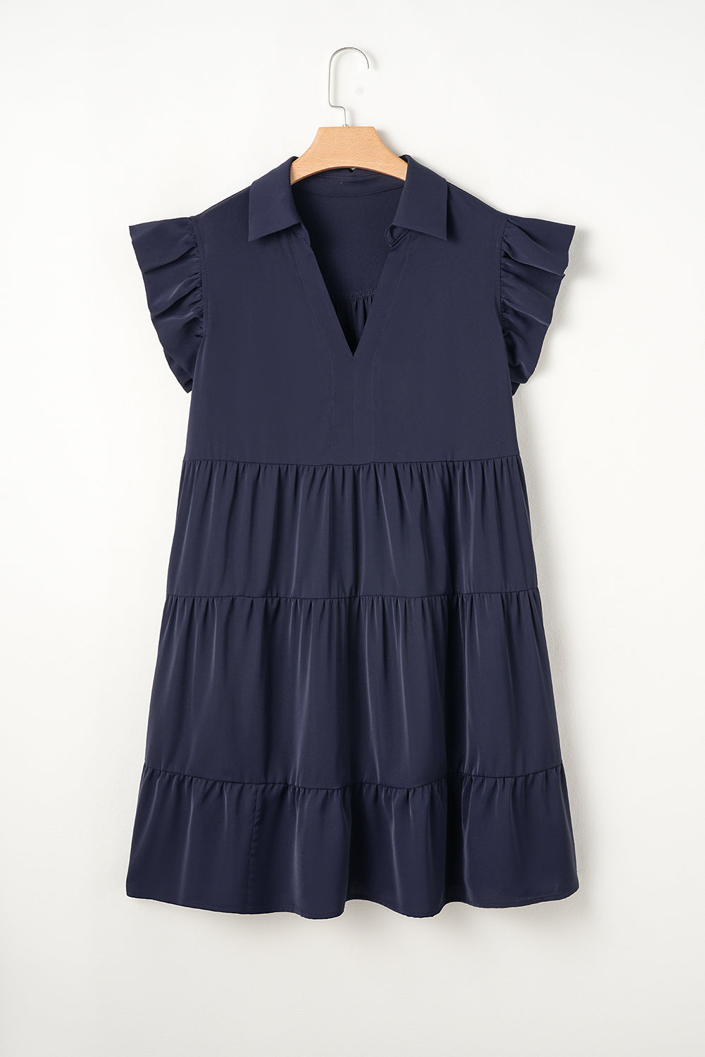 Navy Blue Collared V Neck Flutter Sleeve Tiered Plus Size Dress BB Fashion Outlet