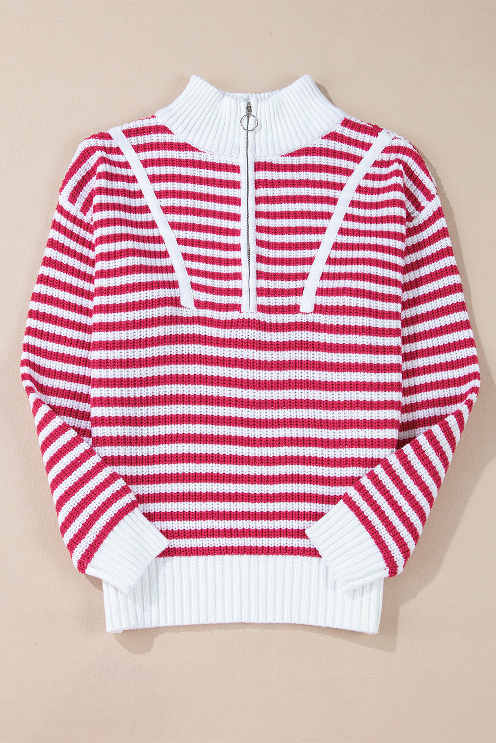 Pink Stripe Zip up Collar Drop Shoulder Sweater eAura