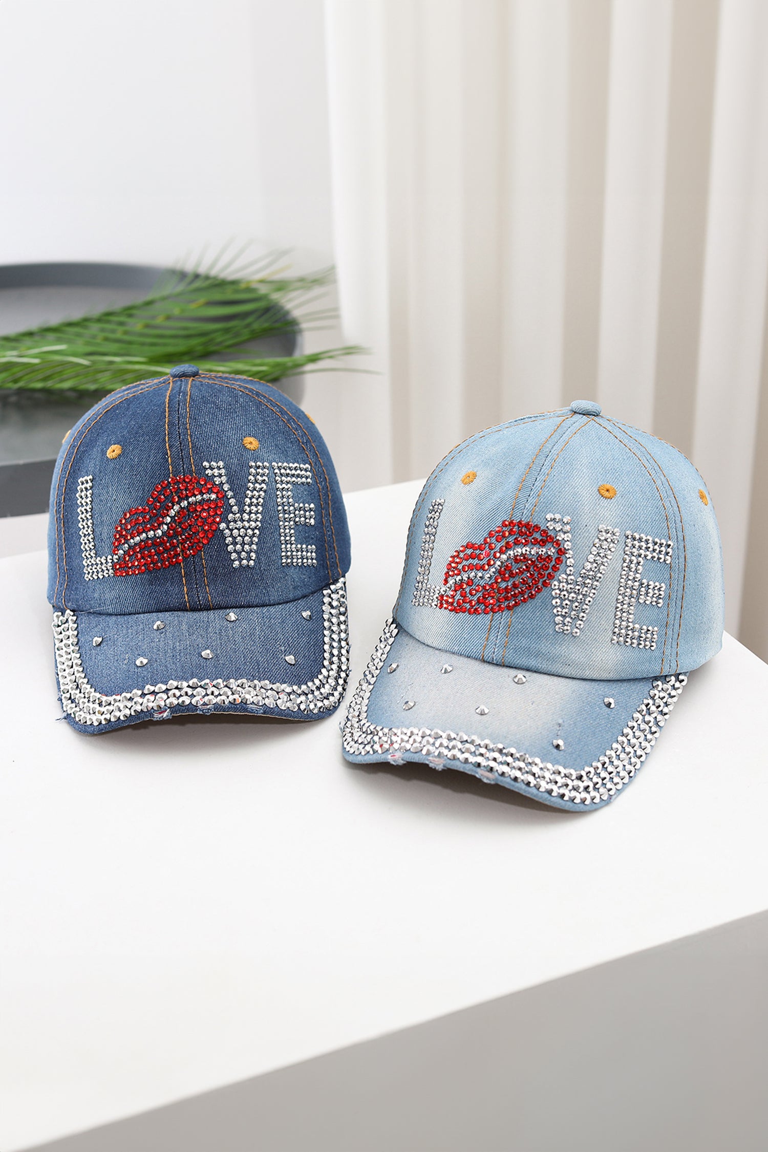 Blue Rhinestone Embellished LOVE Lip Denim Baseball Cap