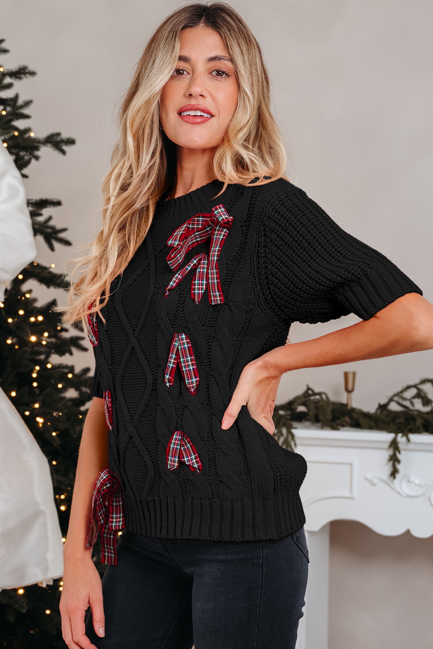 Plaid Lace up Detail Christmas Holiday Puff Short Sleeve Sweater - eAura