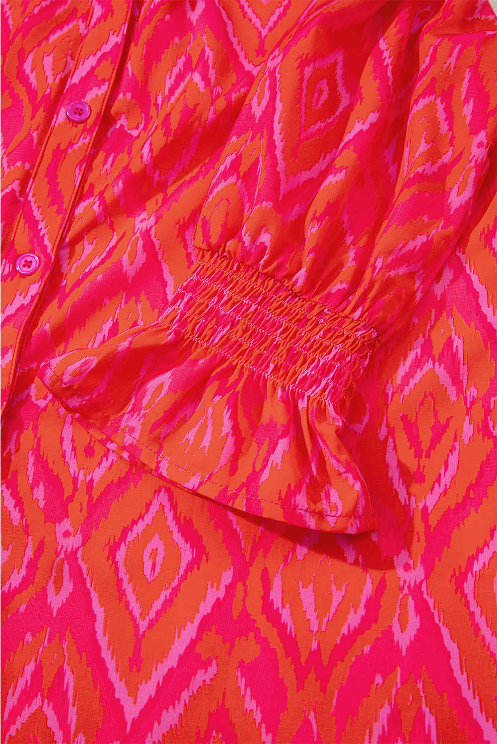 Pink Western Aztec Geometric Ruffled 3/4 Sleeve Shirt eAura