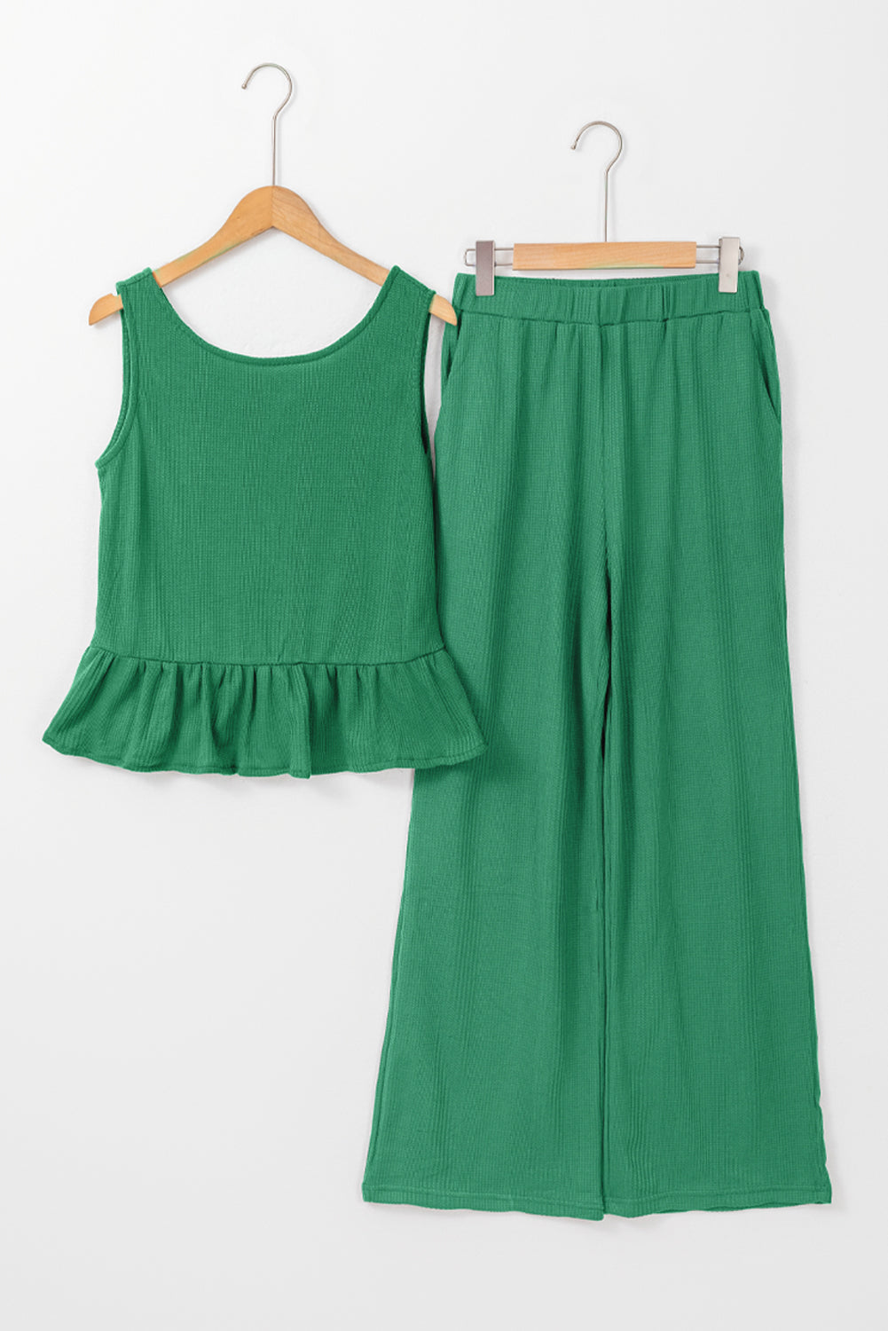 Green Solid Colour Ribbed Ruffle Tank Top and Trousers Set eAura