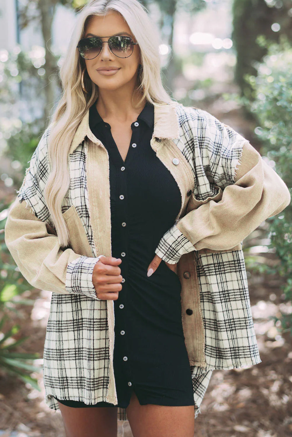 Khaki Distressed Raw Edge Plaid Patchwork Denim Jacket Beagle Boutique Fashion Outlet