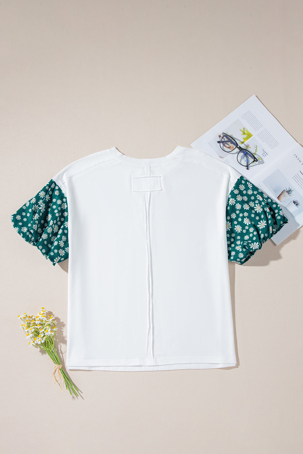 White Contrast Floral Puff Sleeve Oversized Top eAura