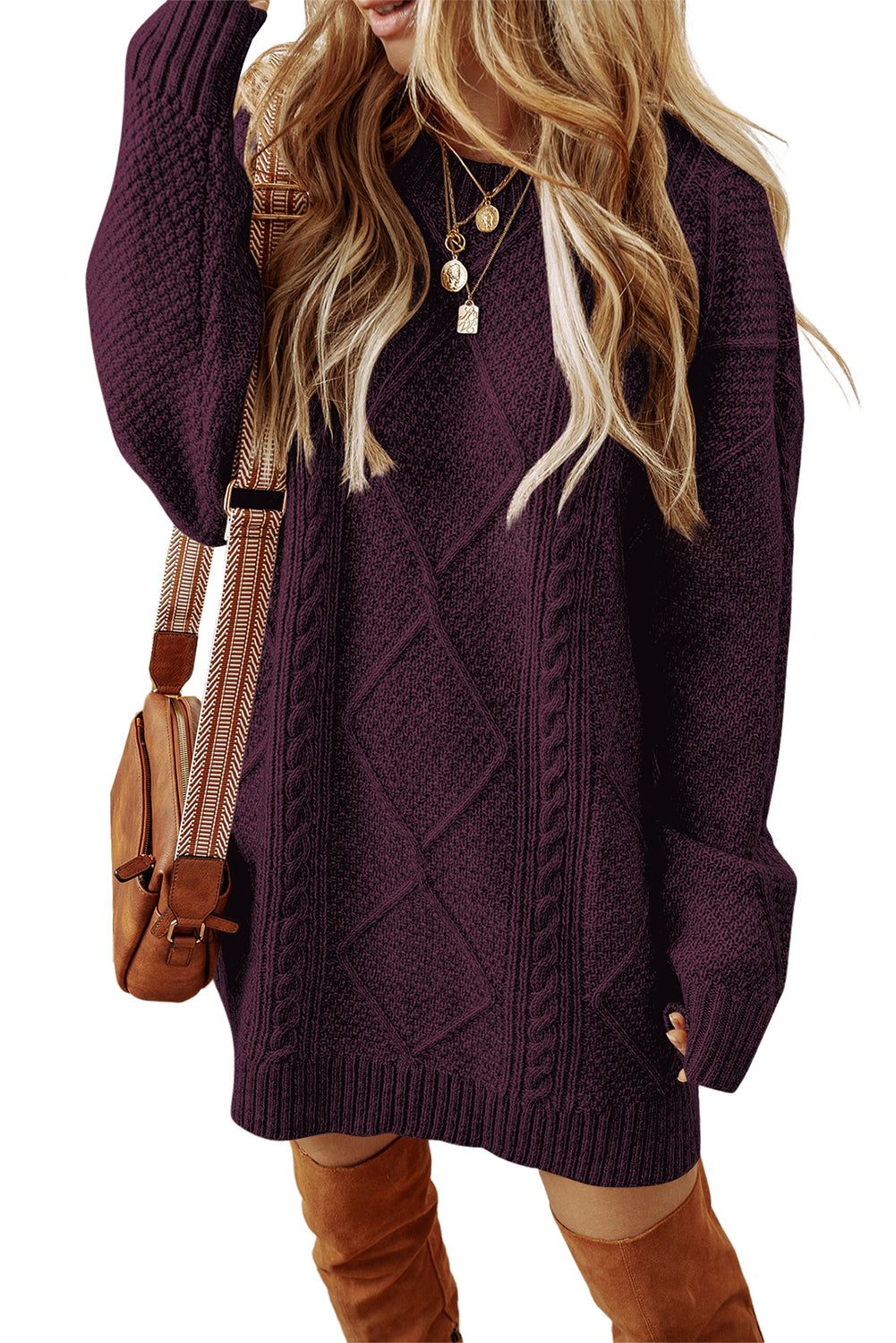 Cable Knit Drop Shoulder Sweater Dress – Brown, Black, Green, Beige & Burgundy