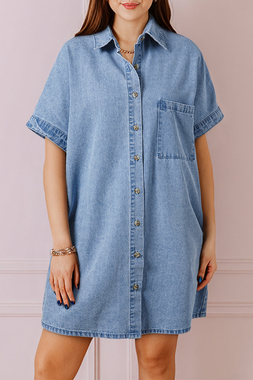 Dusk Blue Short Sleeve Pocketed Button up Denim Tunic Dress BB Fashion Outlet