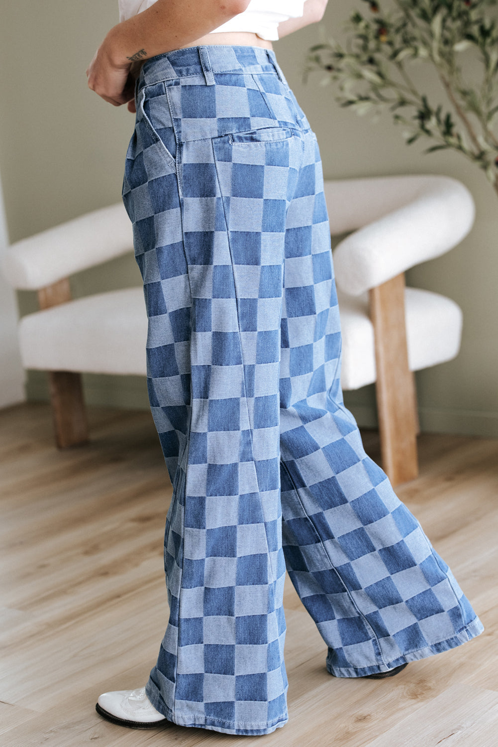 Dark Grey Checkered Denim Wide Leg Jeans eAura