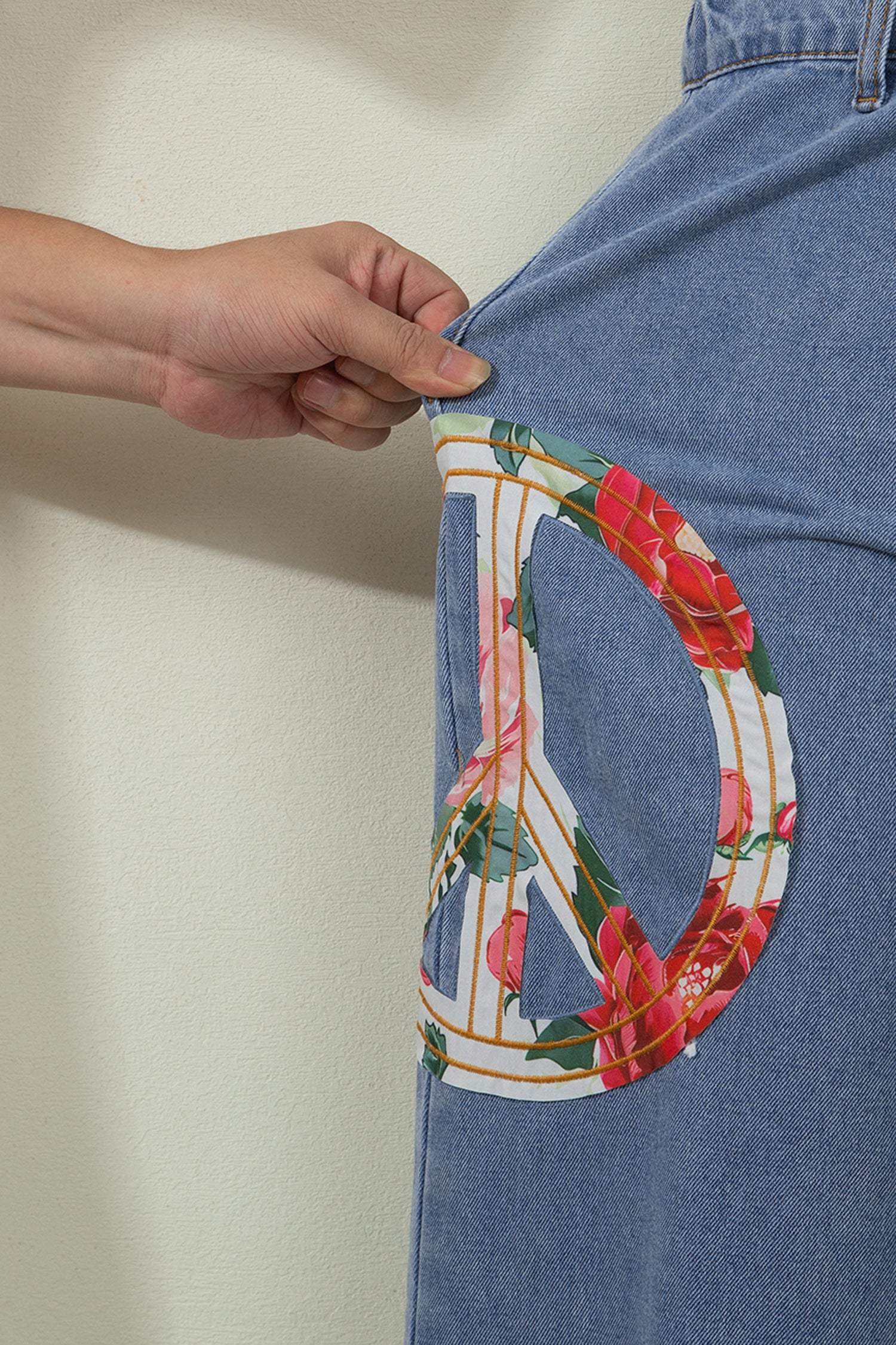 Floral Peace Sign Embroidered Patch Wide Leg Jeans