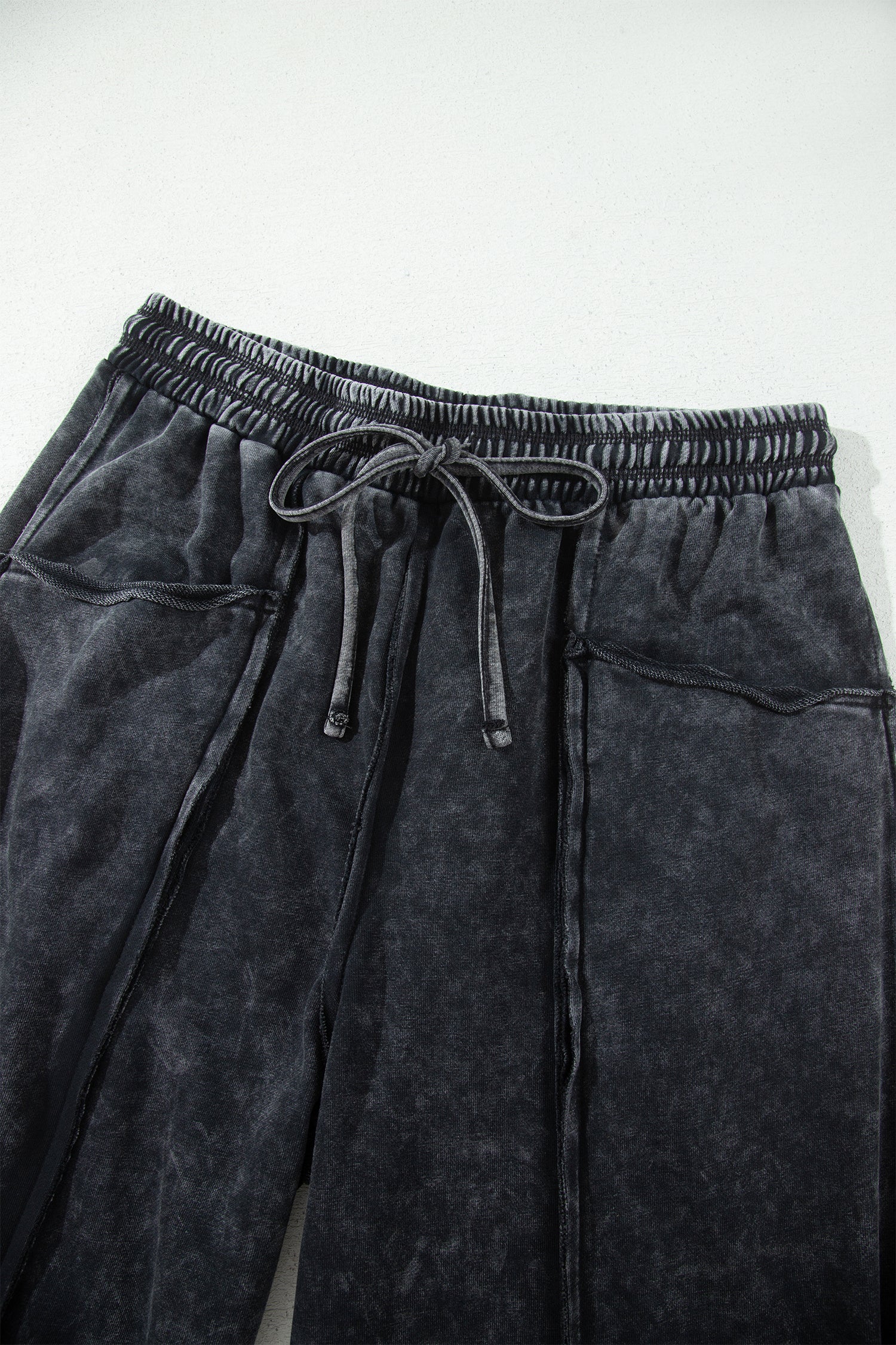 Mineral Wash Raw Seam Drawstring Elastic Waist Barrel Pants – Black