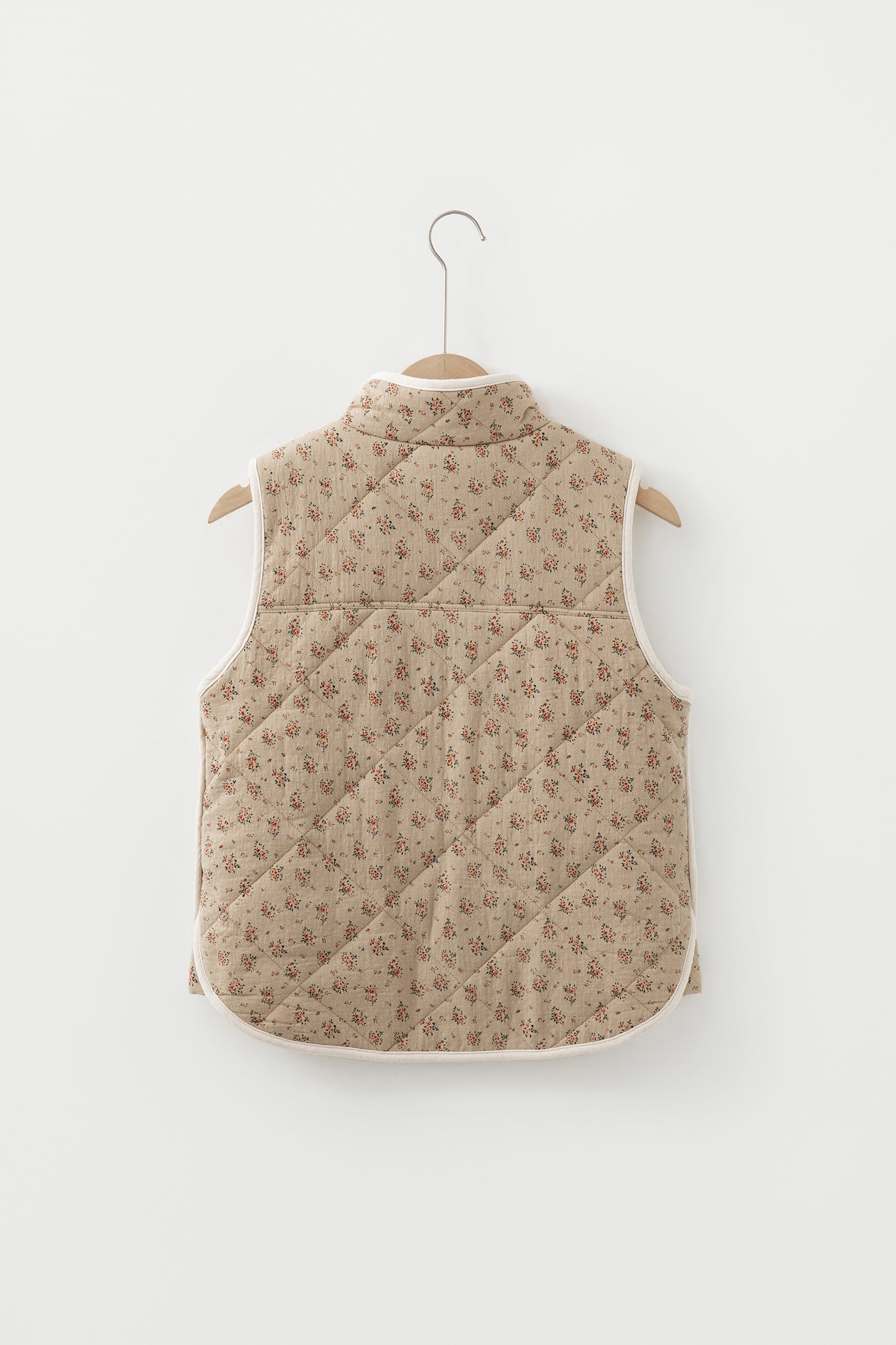 Floral Print Quilted Concealed Button Vest – Khaki