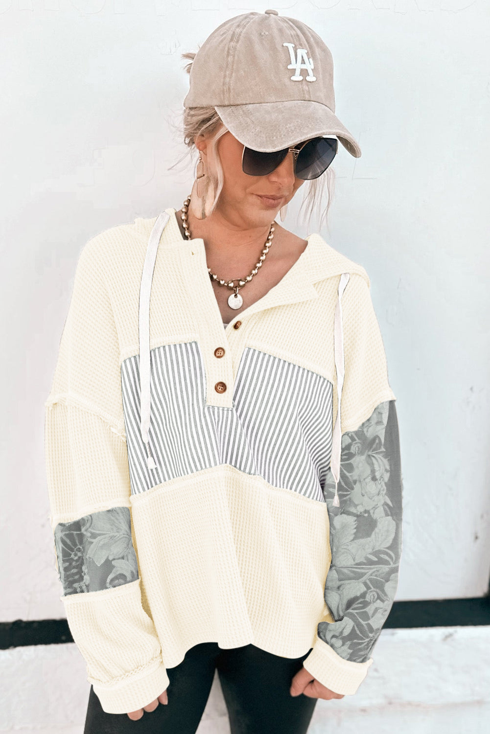 Waffle Patchwork Drawstring Hooded Long Sleeve Top - eAura