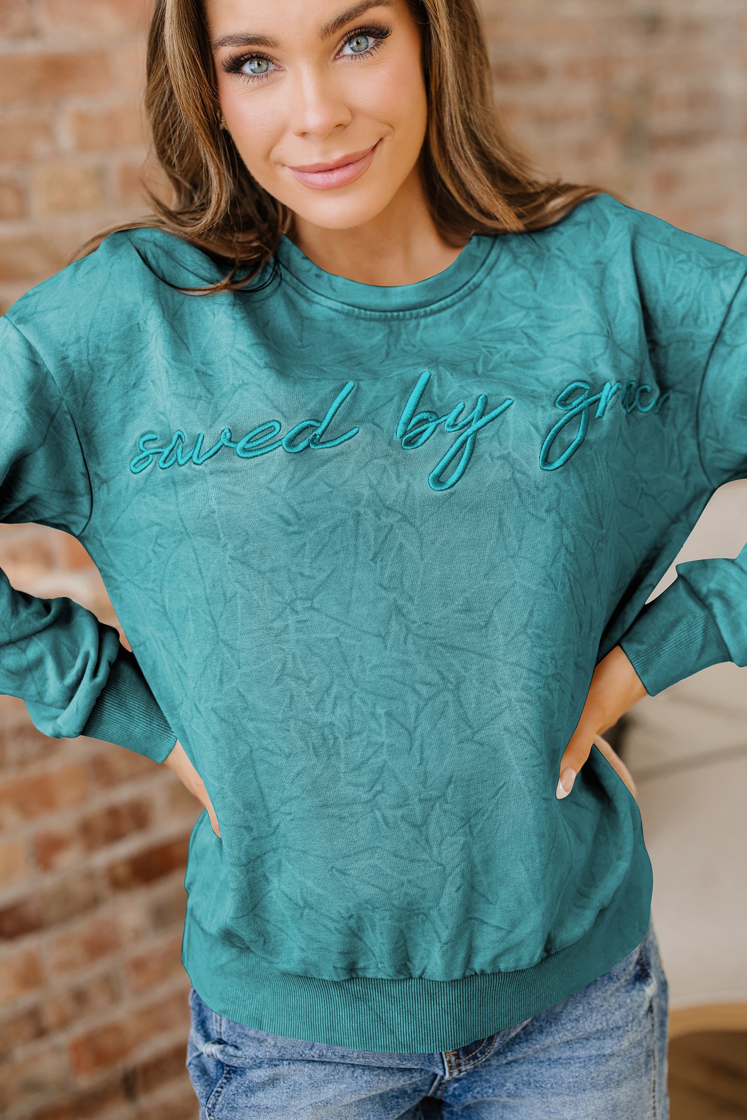 'Saved By Grace' Embroidered Mineral Wash Sweatshirt