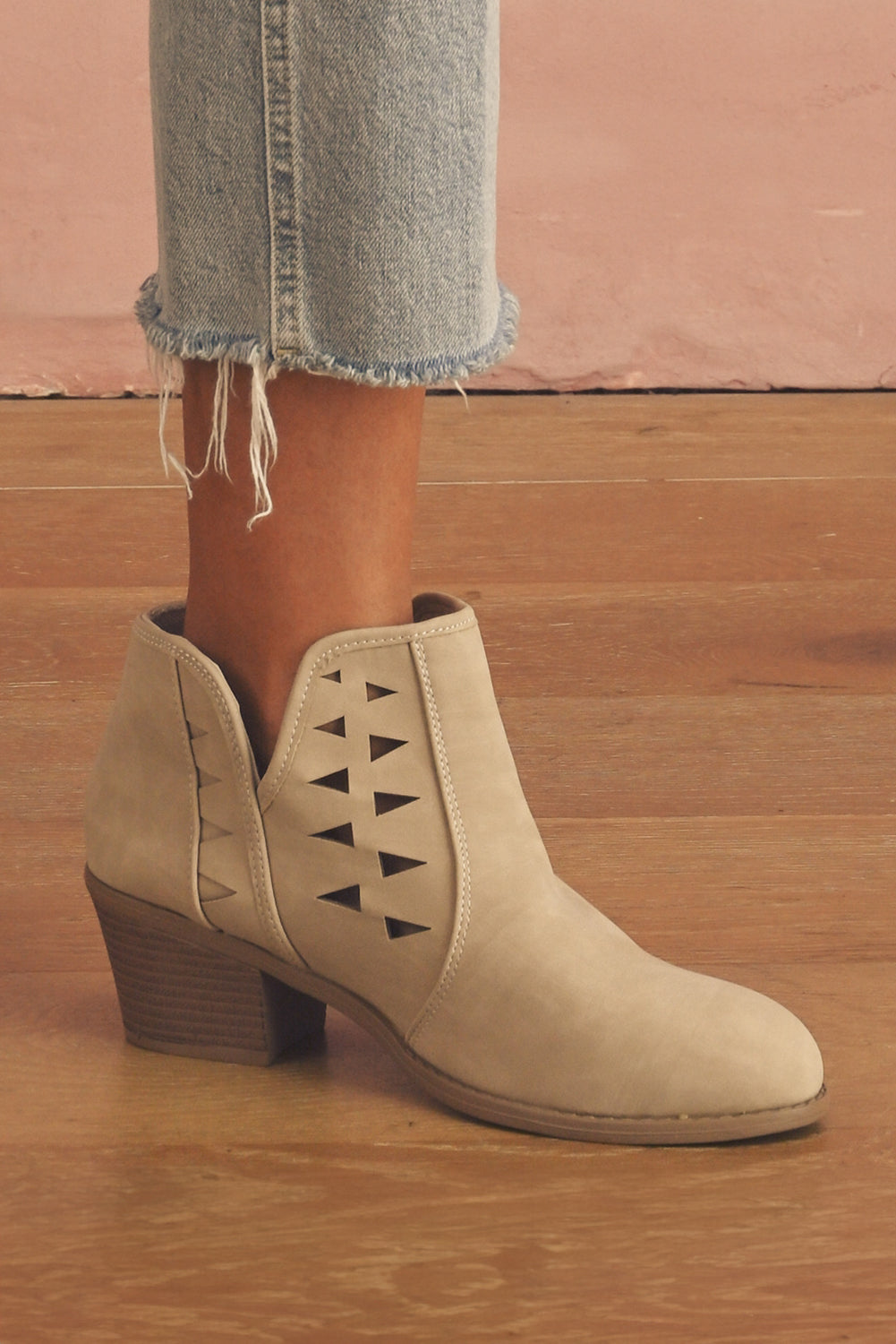 Parchment Cut Out Suede Pointed Toe Heeled Ankle Boots - eAura