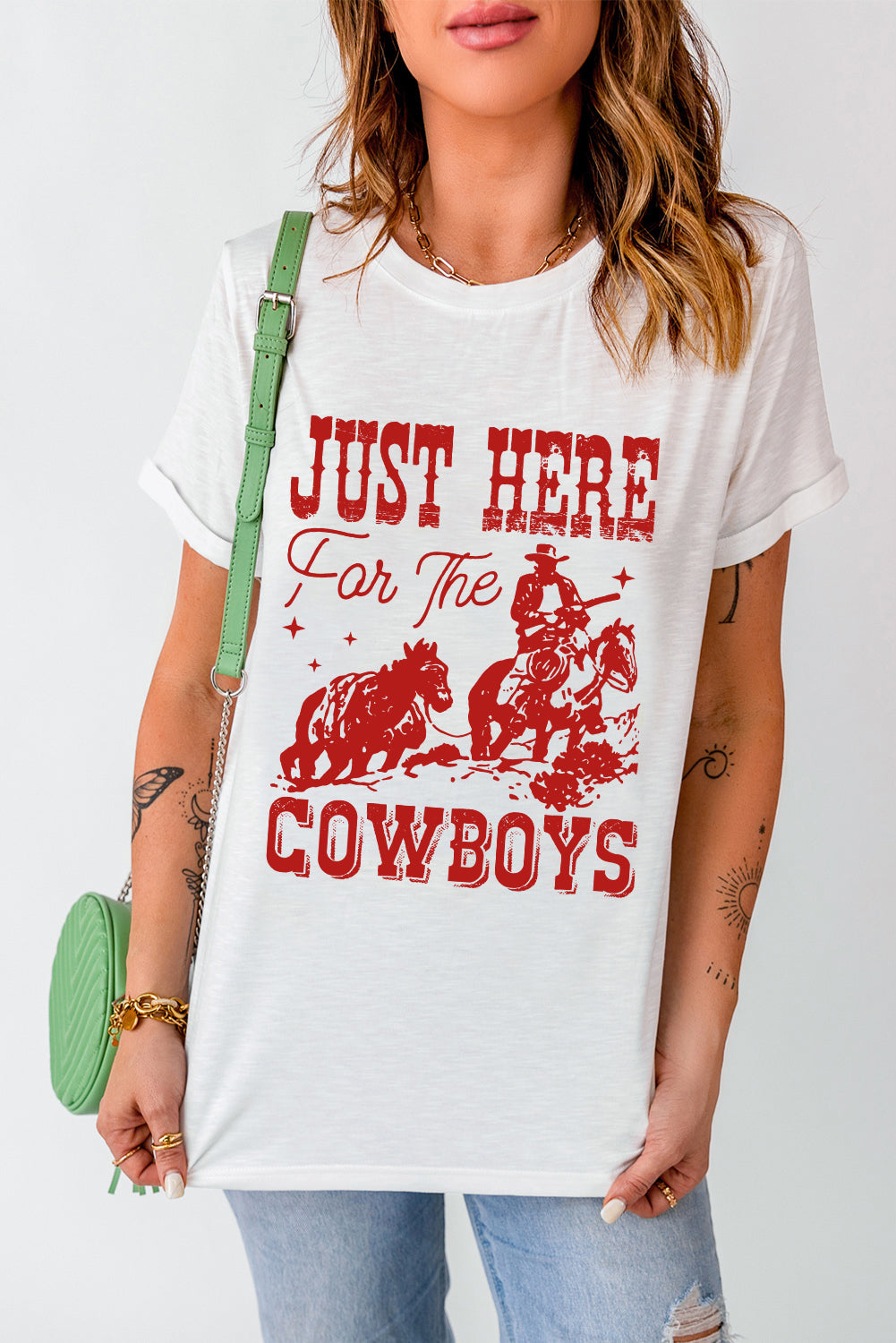 White JUST HERE For THE COWBOY Crew Neck T-Shirt