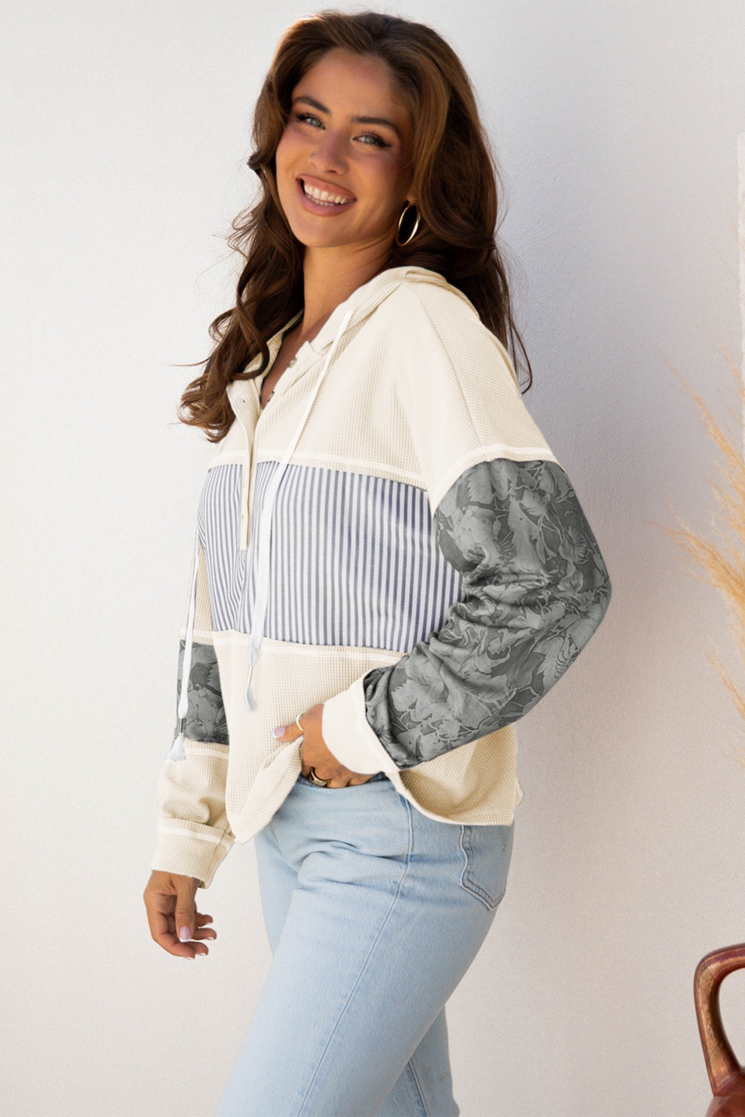 Waffle Patchwork Drawstring Hooded Long Sleeve Top - eAura